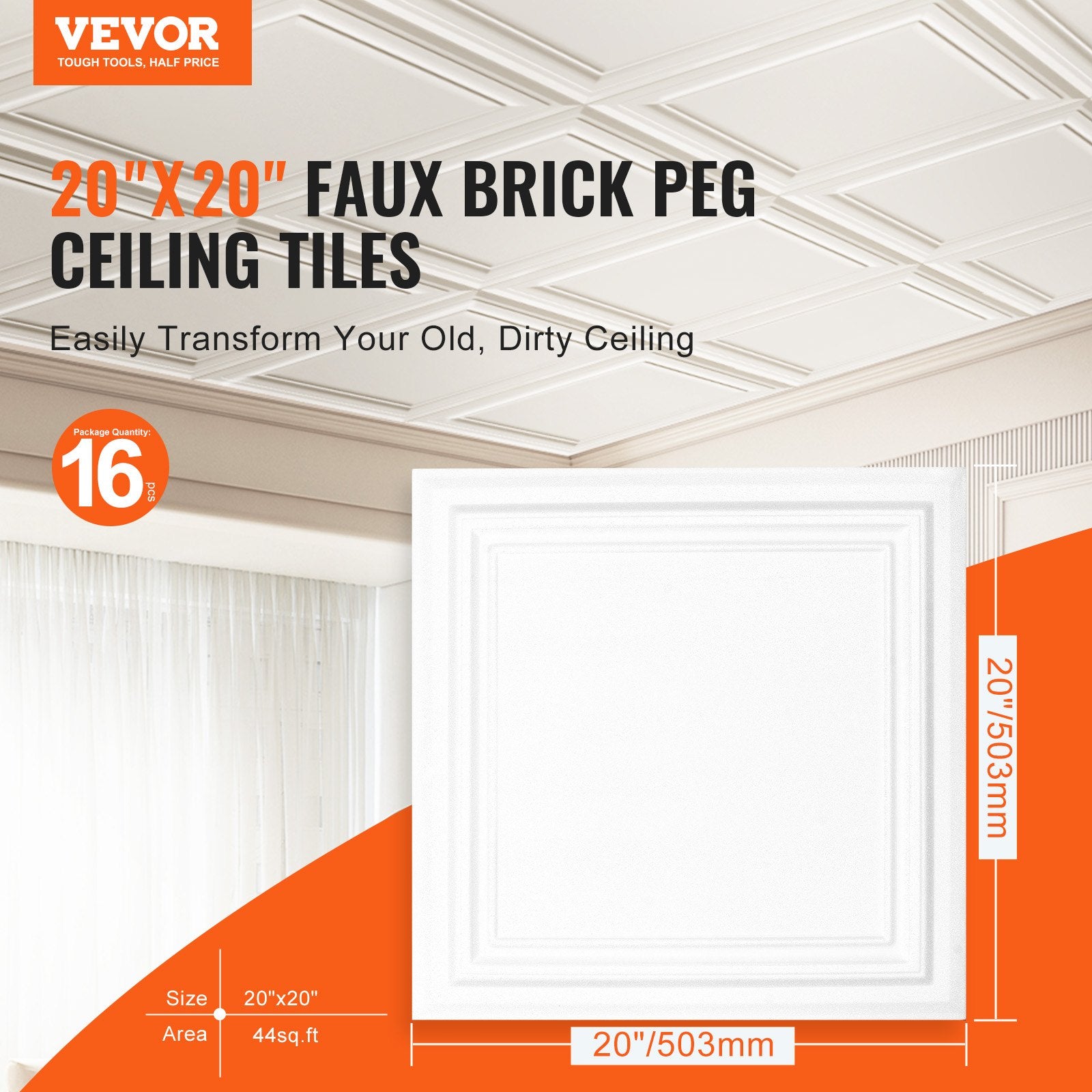 VEVOR Ceiling Tiles, 16-Pack 20 x 20 in, Drop Ceiling Tiles Premium Polystyrene Sheet, Easy Installation/ Cutting Plastic Glue-up Ceiling Tile, Basement Ceiling Covering for Home/Office Decoration