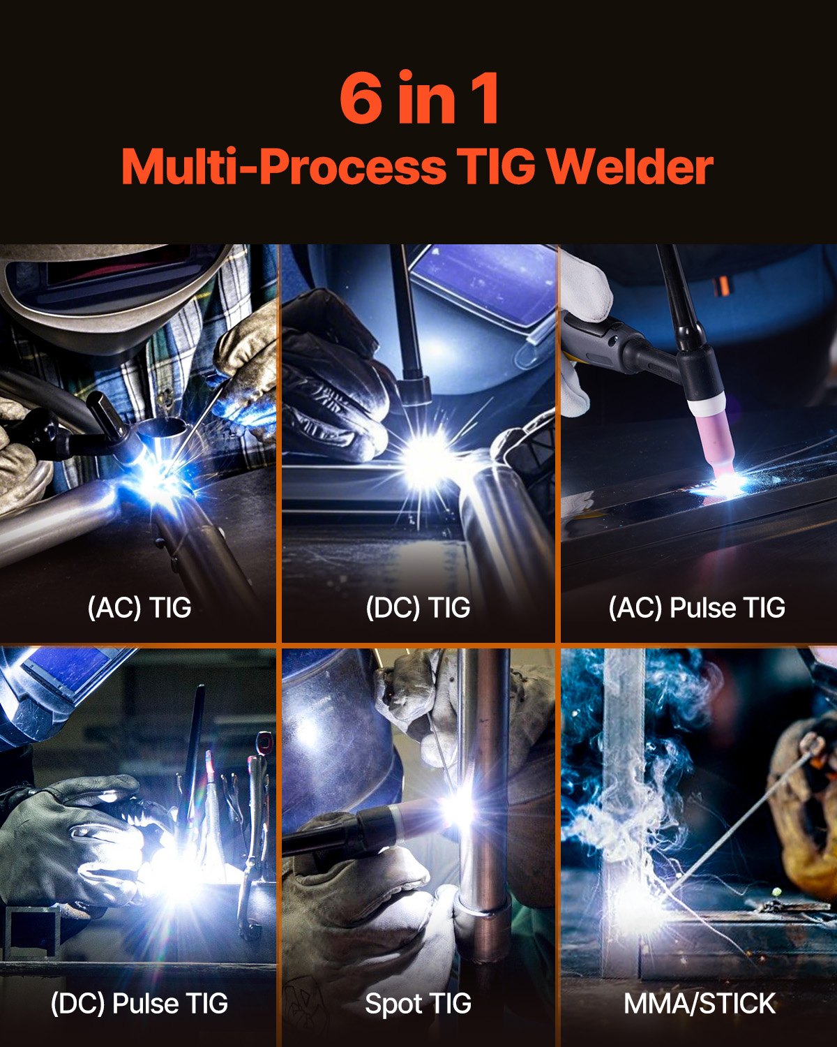 VEVOR TIG Welder, 200A 6-In-1 Aluminum Welding Machine LED Display - AC TIG/DC TIG/AC Pulse TIG/DC Pulse TIG/Spot TIG/MMA Stick , Electric Welder with Synergic Control IGBT