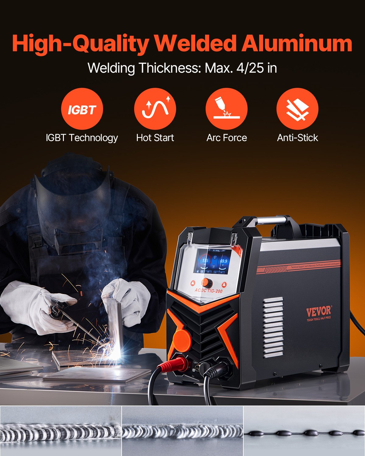 VEVOR TIG Welder, 200A 6-In-1 Aluminum Welding Machine LED Display - AC TIG/DC TIG/AC Pulse TIG/DC Pulse TIG/Spot TIG/MMA Stick , Electric Welder with Synergic Control IGBT