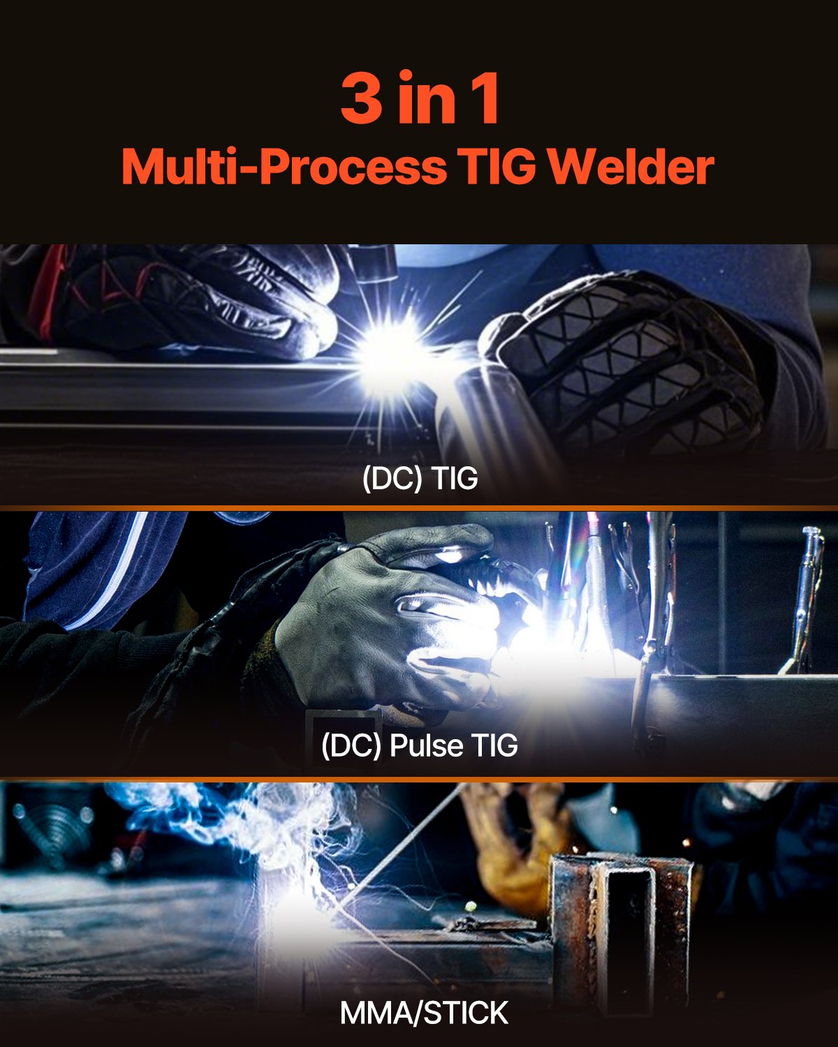 VEVOR TIG Welder, 205A 3-In-1 Welding Machine Large LED Display - DC TIG/DC Pulse TIG/MMA Stick , Electric Welder with IGBT Inverter High-Frequency Start