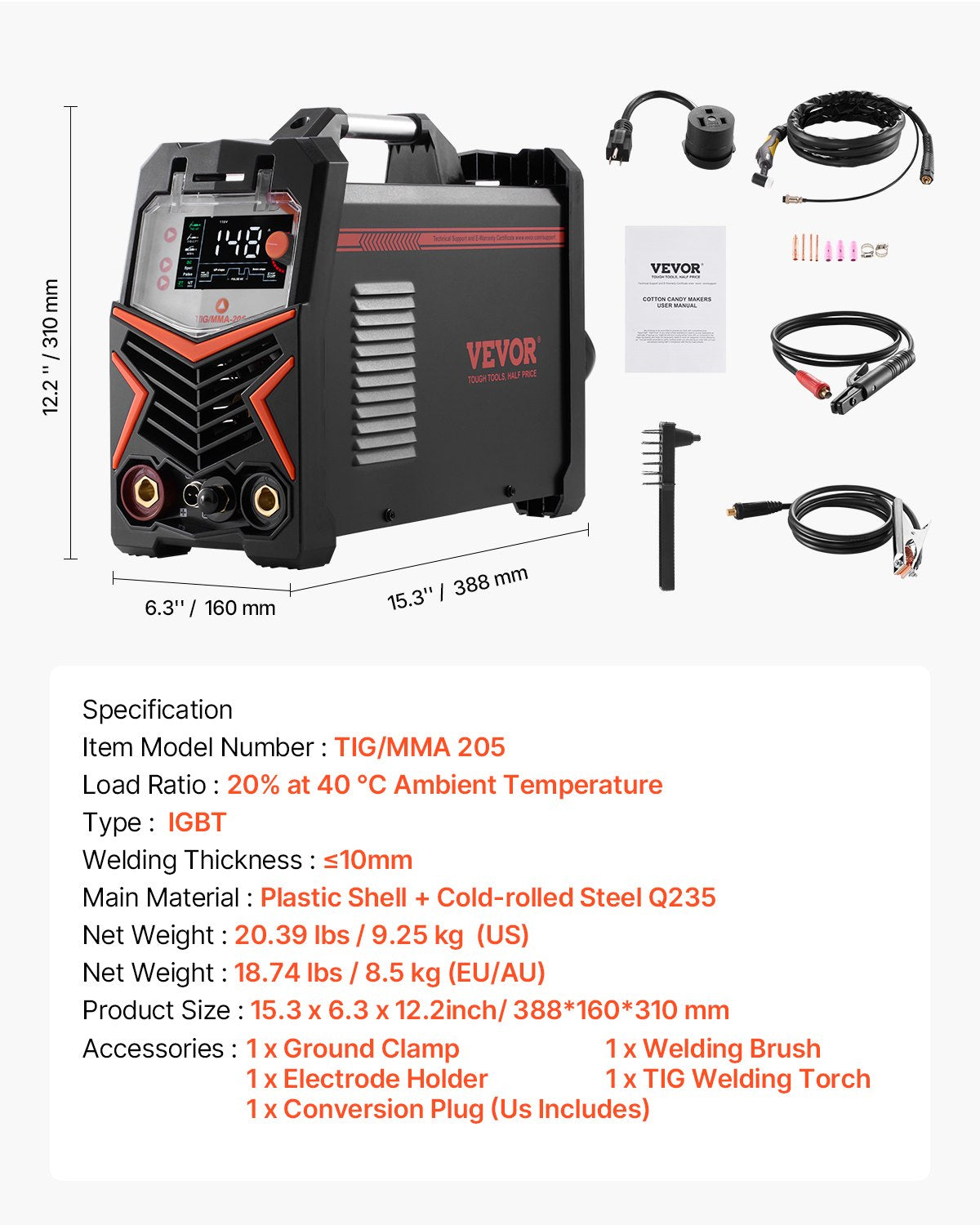 VEVOR TIG Welder, 205A 3-In-1 Welding Machine Large LED Display - DC TIG/DC Pulse TIG/MMA Stick , Electric Welder with IGBT Inverter High-Frequency Start