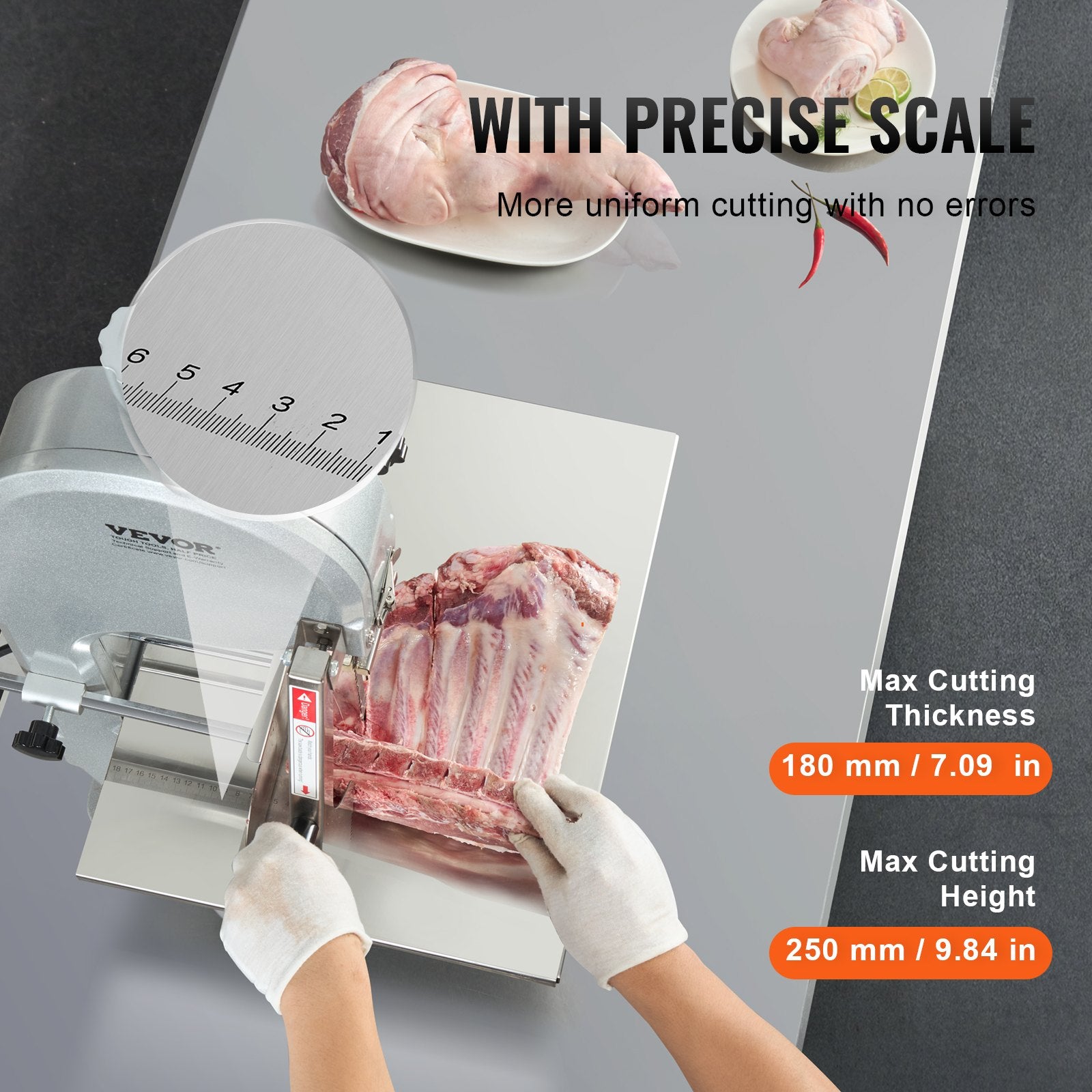 VEVOR Commercial Electric Meat Bandsaw, 1800W Stainless Steel Countertop Bone Sawing Machine, 380 x 485 mm Workbench, 180 mm Max Cutting Thickness, Frozen Meat Cutter with 5 Blades for Rib Pork Beef