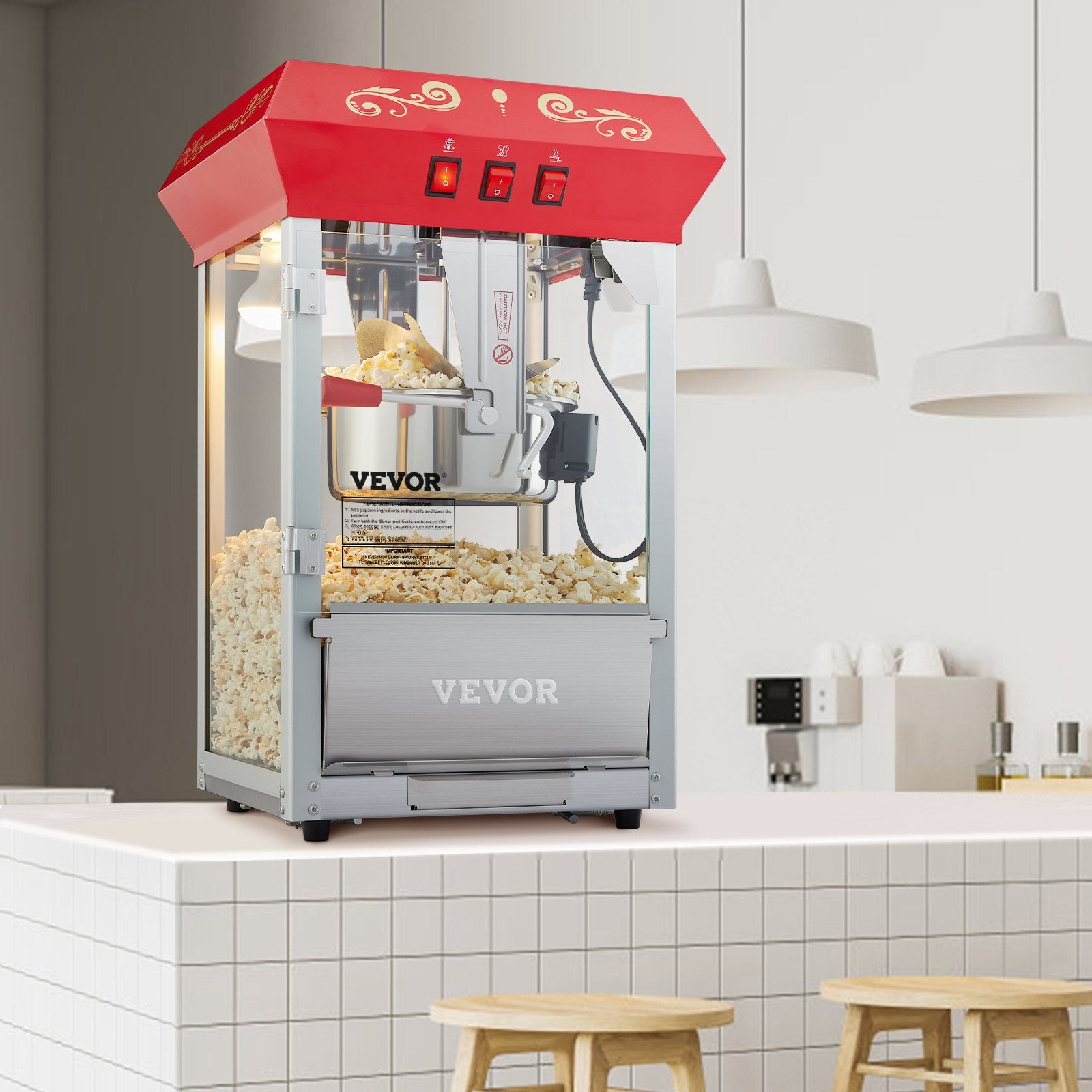 VEVOR Popcorn Popper Machine Countertop Popcorn Maker 850W 8 Oz 48 Cups Red
