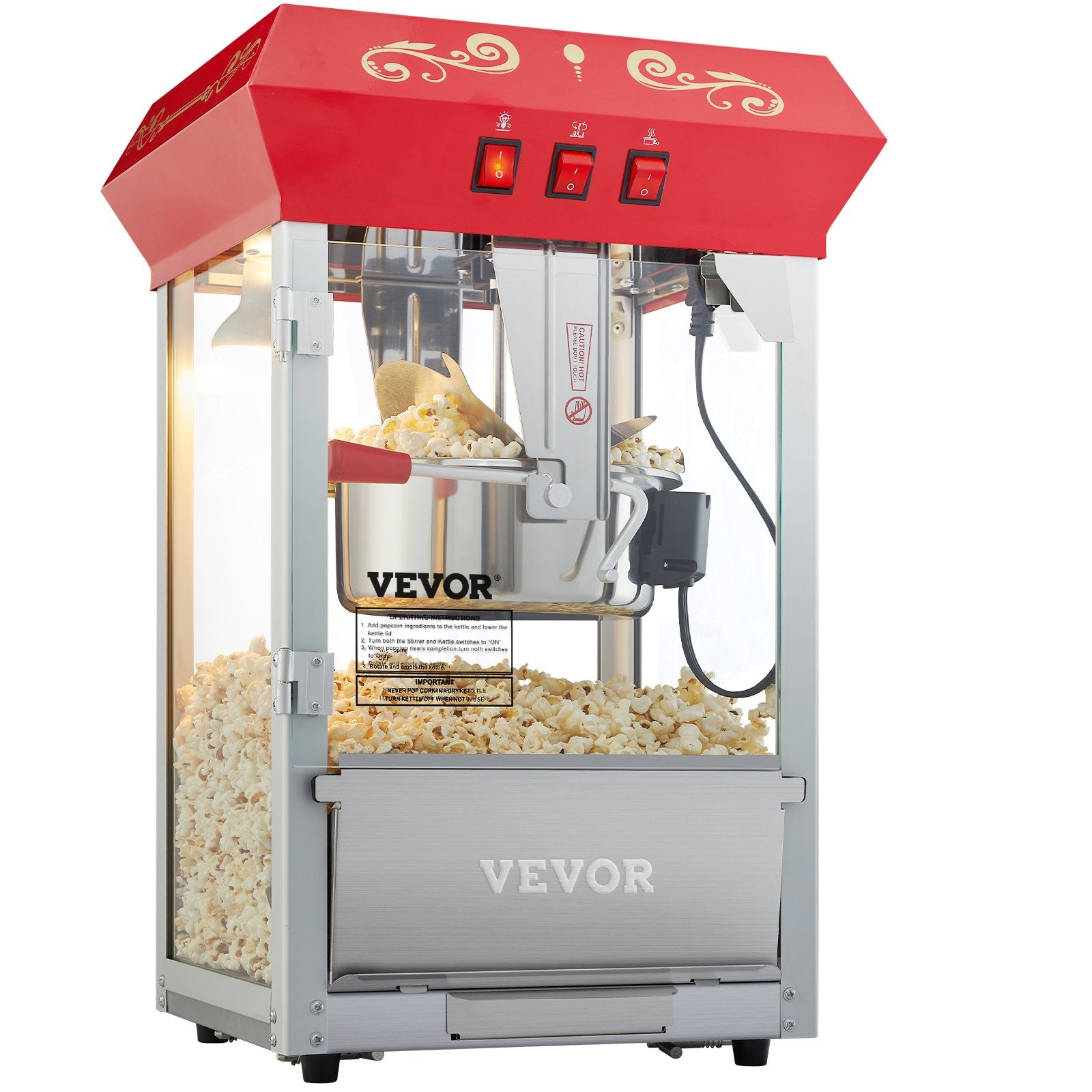 VEVOR Popcorn Popper Machine Countertop Popcorn Maker 850W 8 Oz 48 Cups Red