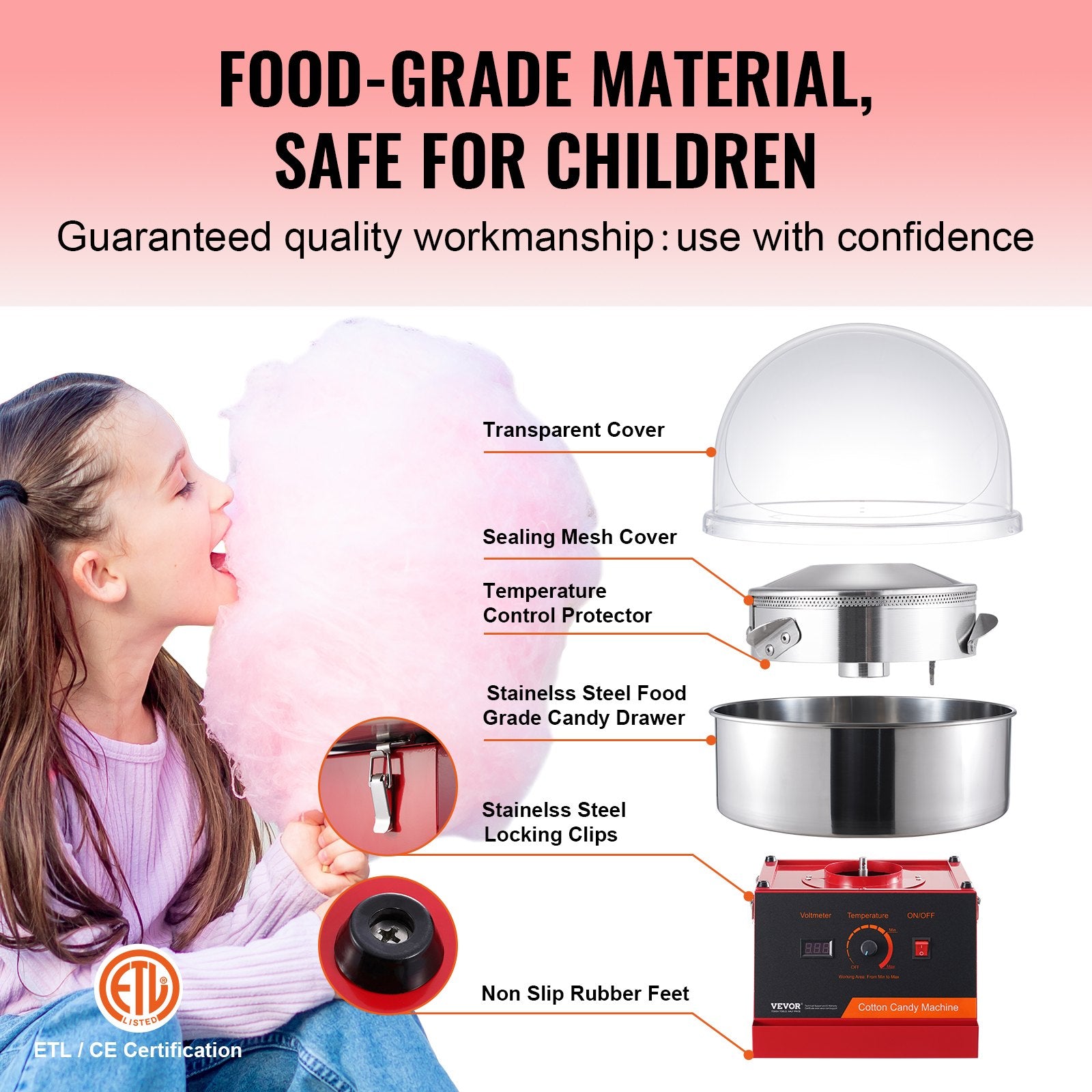 VEVOR Electric Cotton Candy Machine, 1000W Candy Floss Maker, Commercial Cotton Candy Machine with Cover, Stainless Steel Bowl, and Sugar Scoop, Perfect for Home Kids Birthday, Family Party Red