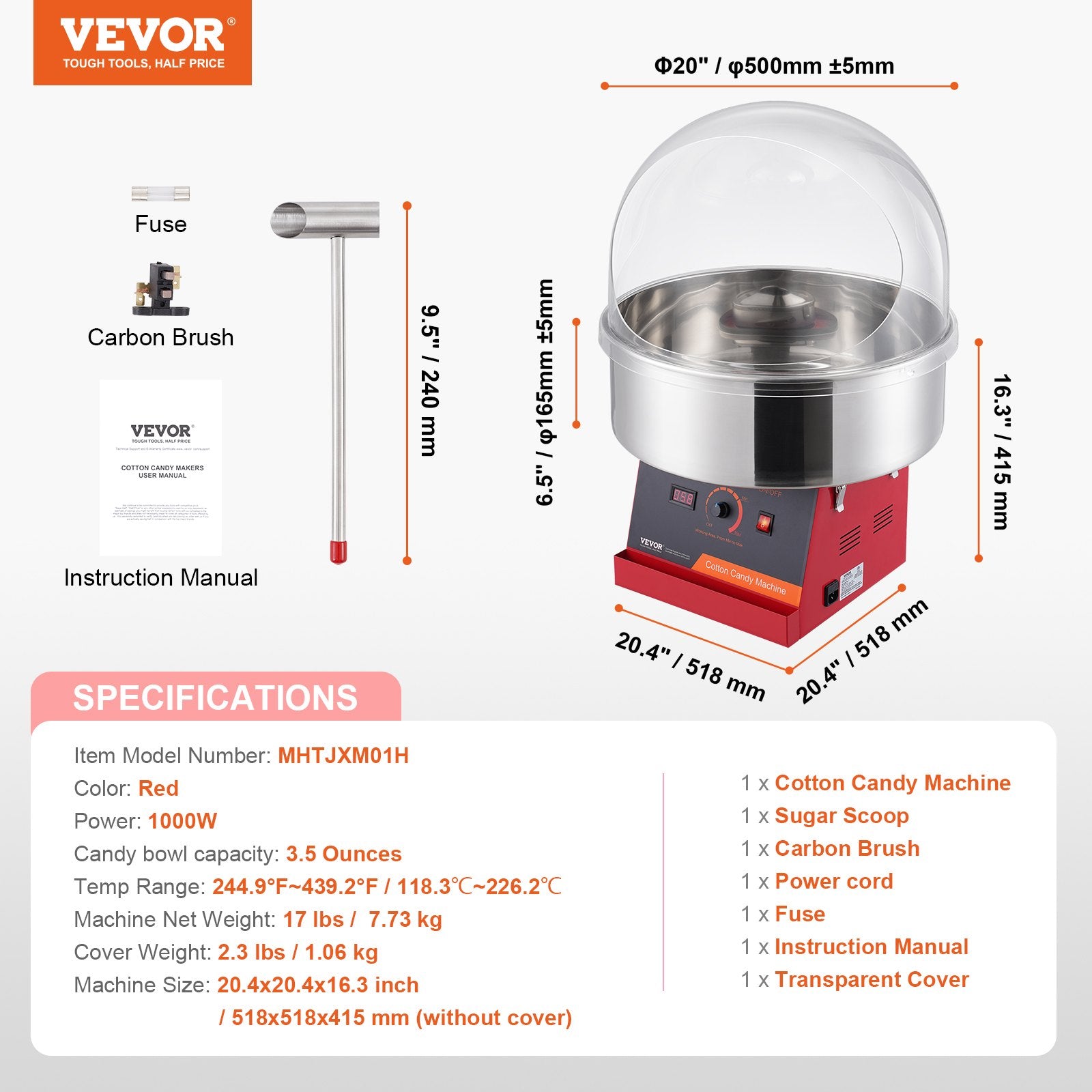 VEVOR Electric Cotton Candy Machine, 1000W Candy Floss Maker, Commercial Cotton Candy Machine with Cover, Stainless Steel Bowl, and Sugar Scoop, Perfect for Home Kids Birthday, Family Party Red