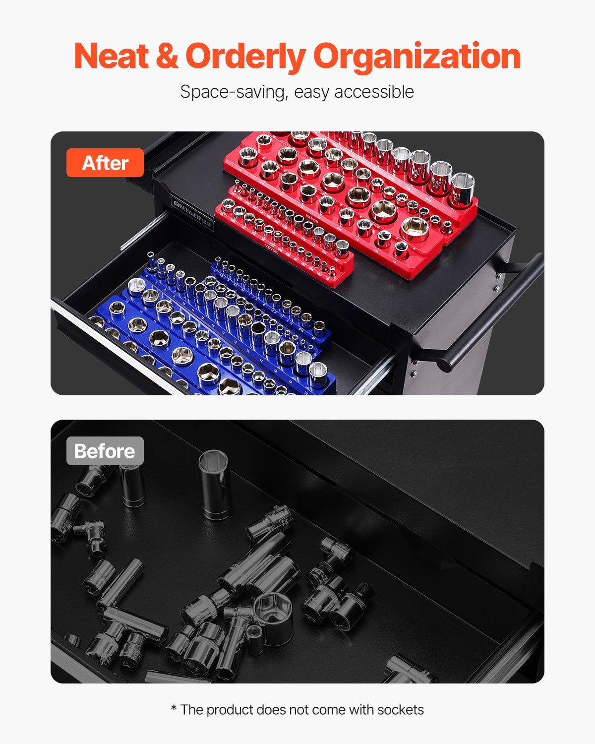 VEVOR Magnetic Socket Organizer Set, 6PCS Socket Holder, 1/4'', 3/8'' & 1/2'' Metric SAE Socket Trays with Clear Labels, Hold up to 143PCS Standard & Deep Sockets, Blue & Red Sockets Not Included