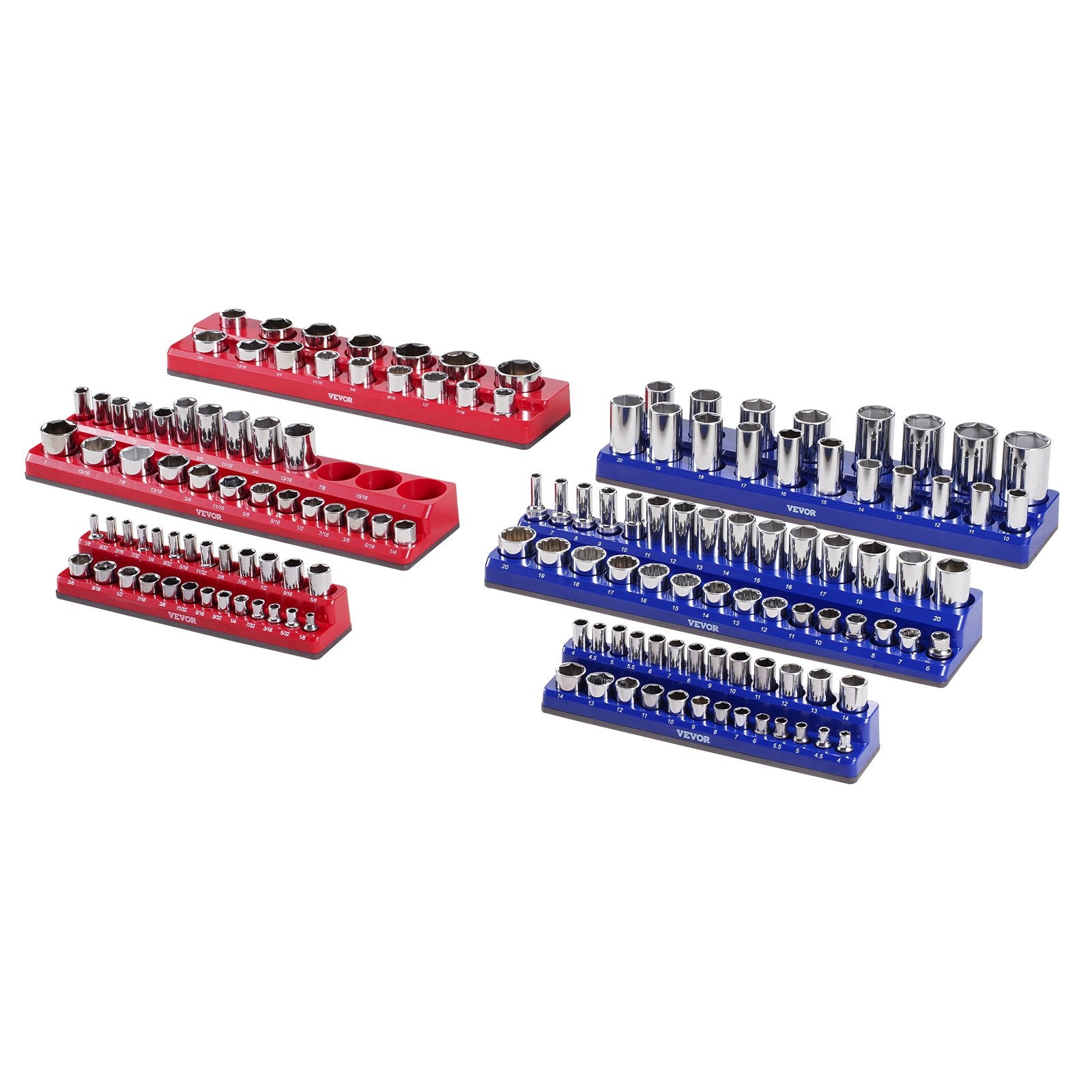 VEVOR Magnetic Socket Organizer Set, 6PCS Socket Holder, 1/4'', 3/8'' & 1/2'' Metric SAE Socket Trays with Clear Labels, Hold up to 143PCS Standard & Deep Sockets, Blue & Red Sockets Not Included