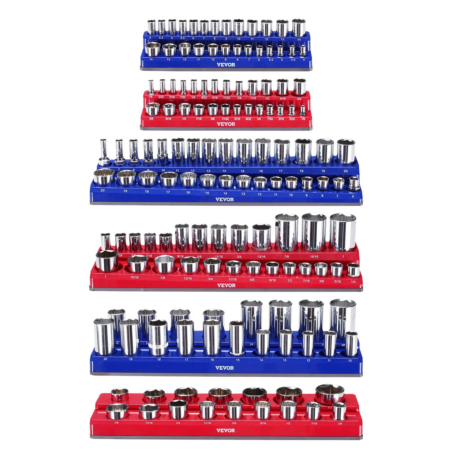 VEVOR Magnetic Socket Organizer Set, 6PCS Socket Holder, 1/4'', 3/8'' & 1/2'' Metric SAE Socket Trays with Clear Labels, Hold up to 143PCS Standard & Deep Sockets, Blue & Red Sockets Not Included