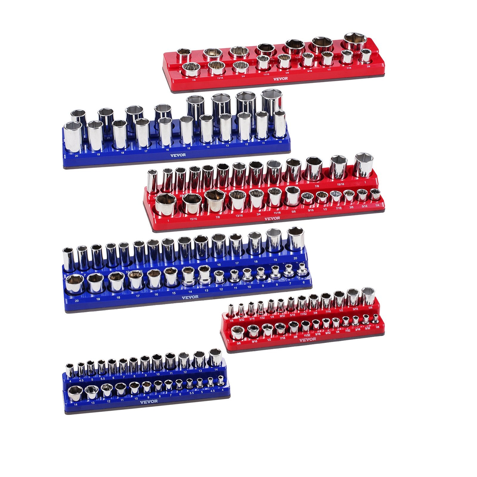 VEVOR Magnetic Socket Organizer Set, 6PCS Socket Holder, 1/4'', 3/8'' & 1/2'' Metric SAE Socket Trays with Clear Labels, Hold up to 143PCS Standard & Deep Sockets, Blue & Red Sockets Not Included