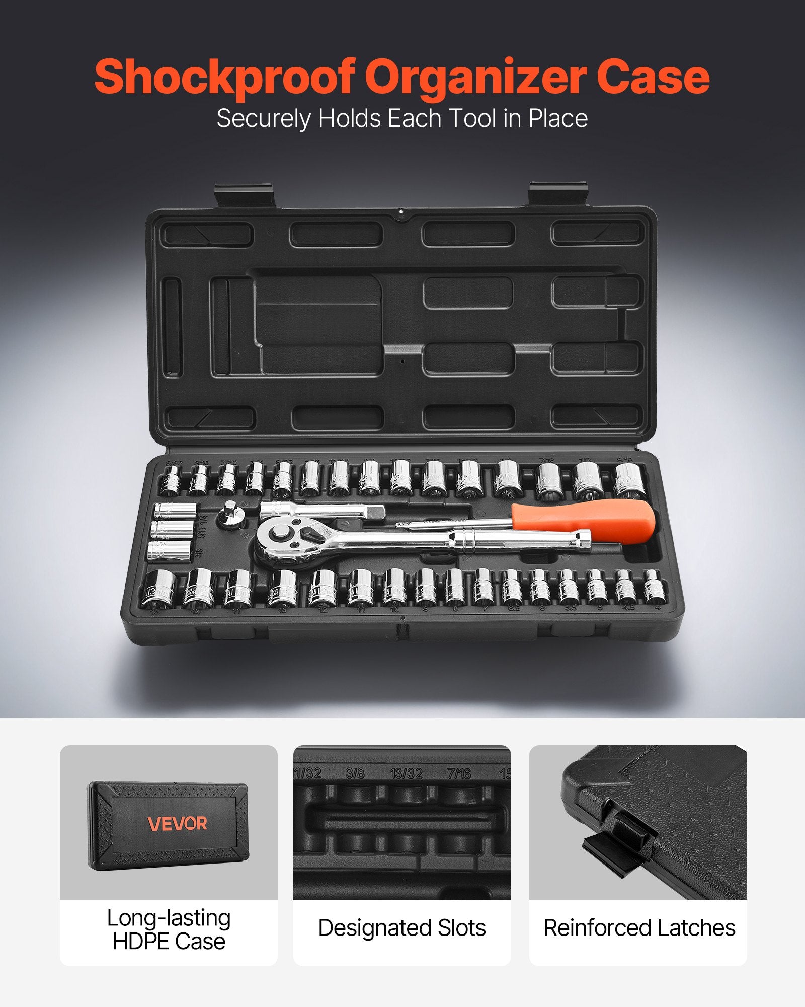 VEVOR Socket Set, 39 Pieces, 9.5 & 6.4 mm Drive Socket and Ratchet Set, SAE and Metric Size, Mechanic Tool Kit with Ratchet Wrench, Accessories, Storage Case, CR-V Alloy Steel, for Automotive Repair