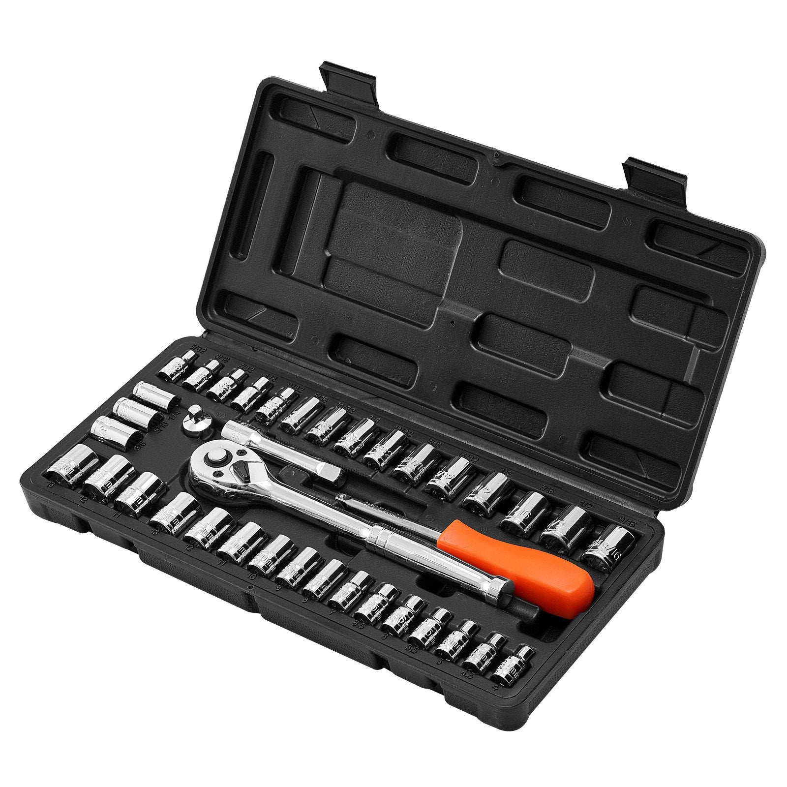 VEVOR Socket Set, 39 Pieces, 9.5 & 6.4 mm Drive Socket and Ratchet Set, SAE and Metric Size, Mechanic Tool Kit with Ratchet Wrench, Accessories, Storage Case, CR-V Alloy Steel, for Automotive Repair