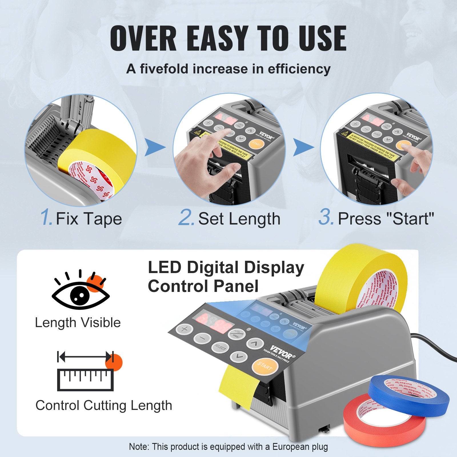 VEVOR Automatic Tape Dispenser, Self-Adhesive Electric Tape Cutter, 25 W Packaging Machine, Tape Cutter, 6-60 mm Tape Width, Electric Tape Cutter Packaging Machine