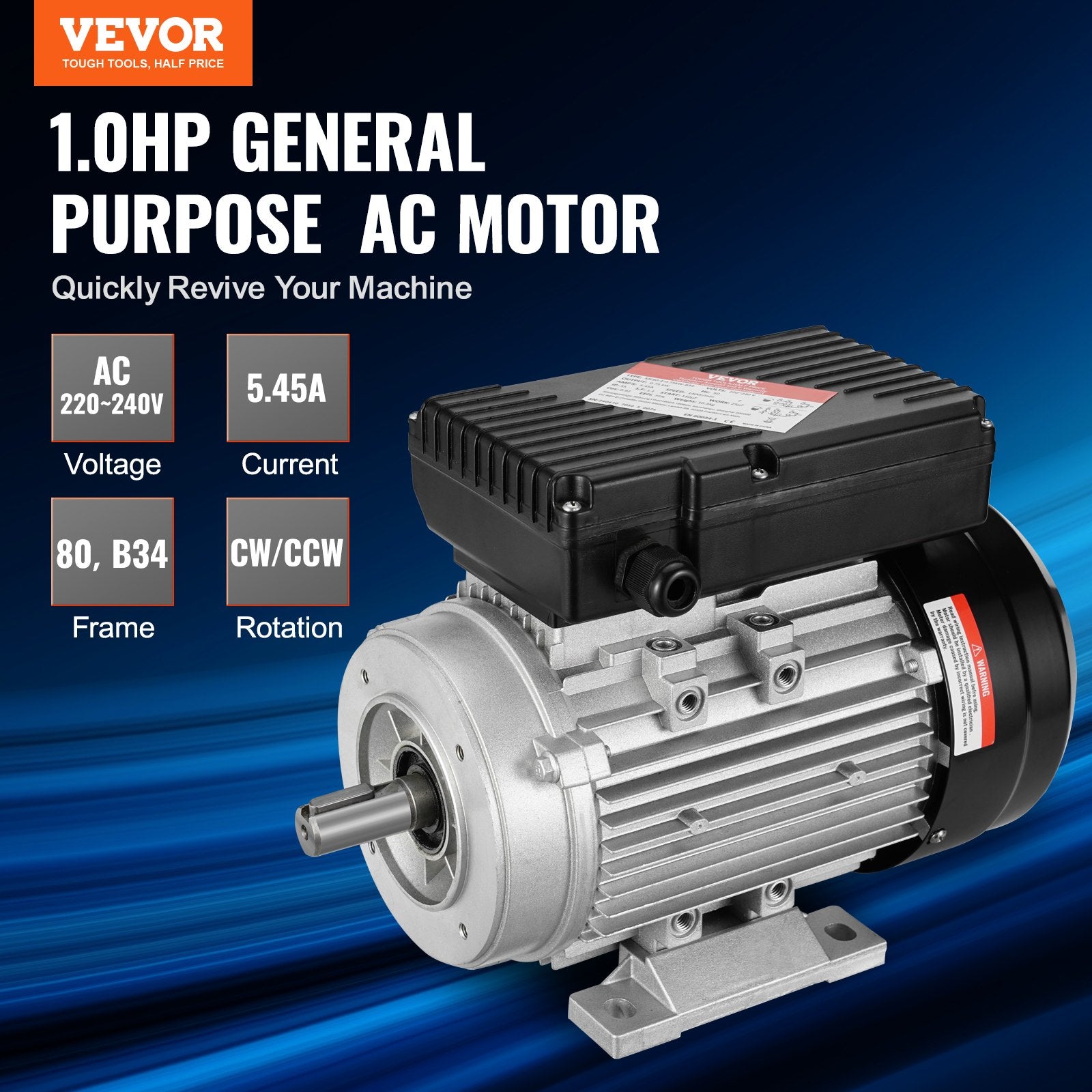 VEVOR 0.75KW Electric Motor 1400 rpm, AC 220 240V 5.45A, 80, B34 Frame, Air Compressor Motor Single Phase, 19mm Keyed Shaft, CW/CCW Rotation for Agricultural Machinery and General Equipment