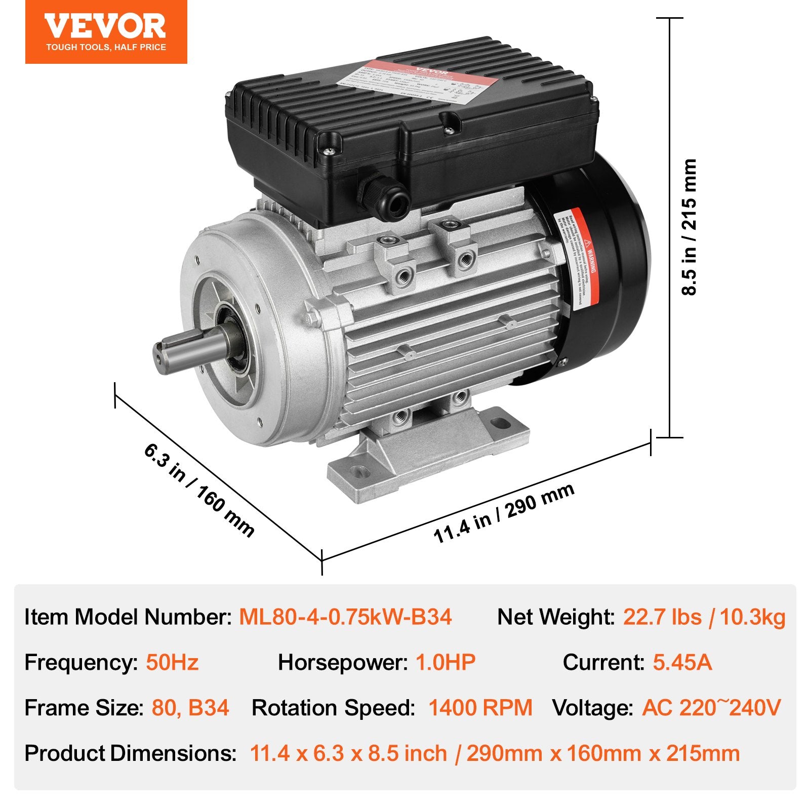 VEVOR 0.75KW Electric Motor 1400 rpm, AC 220 240V 5.45A, 80, B34 Frame, Air Compressor Motor Single Phase, 19mm Keyed Shaft, CW/CCW Rotation for Agricultural Machinery and General Equipment