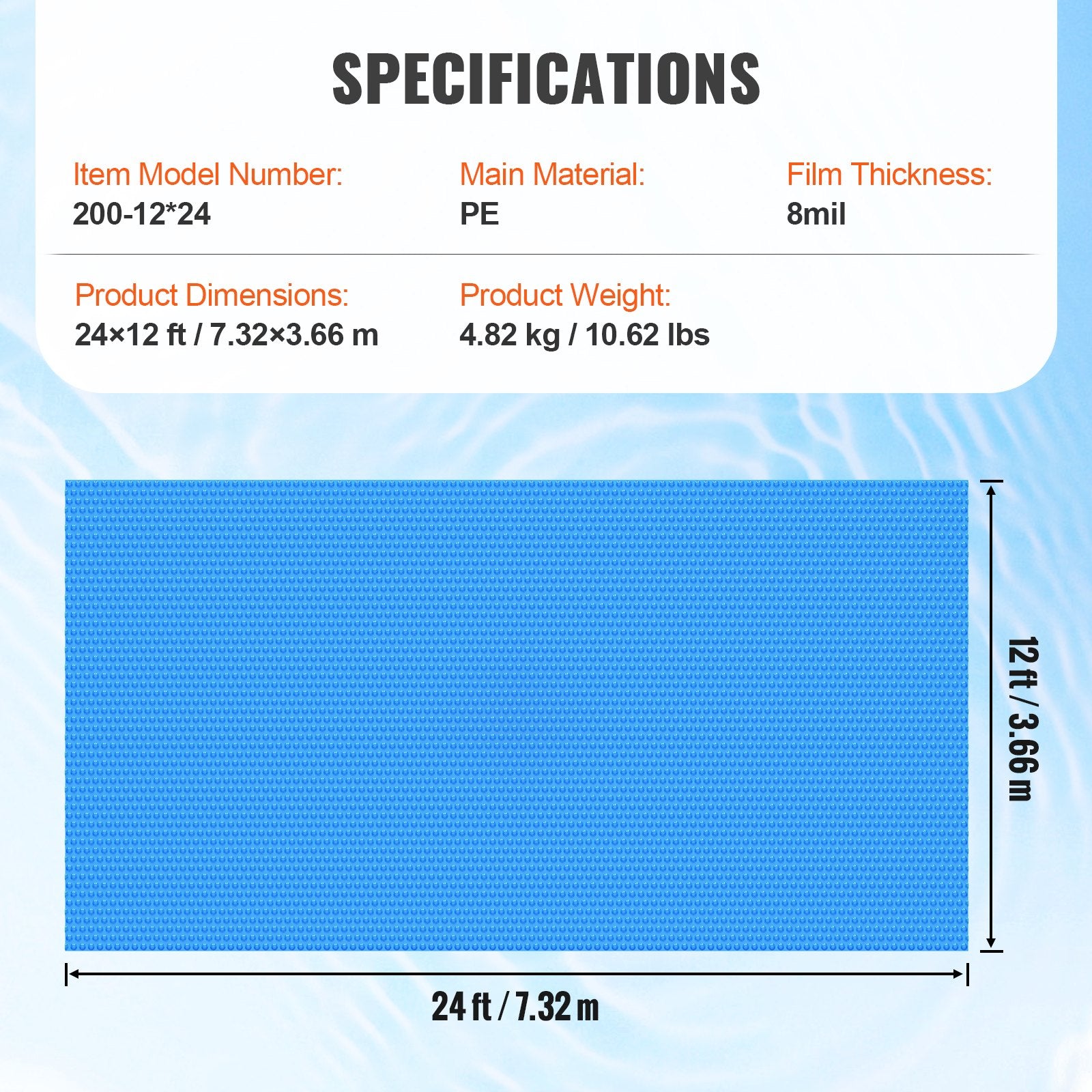 VEVOR Solar Pool Cover, 24 x 12 ft Rectangle Solar Blanket for Pools, Inground Above Ground Swimming Pool Solar Cover, 8 mil Solar Covers Blue