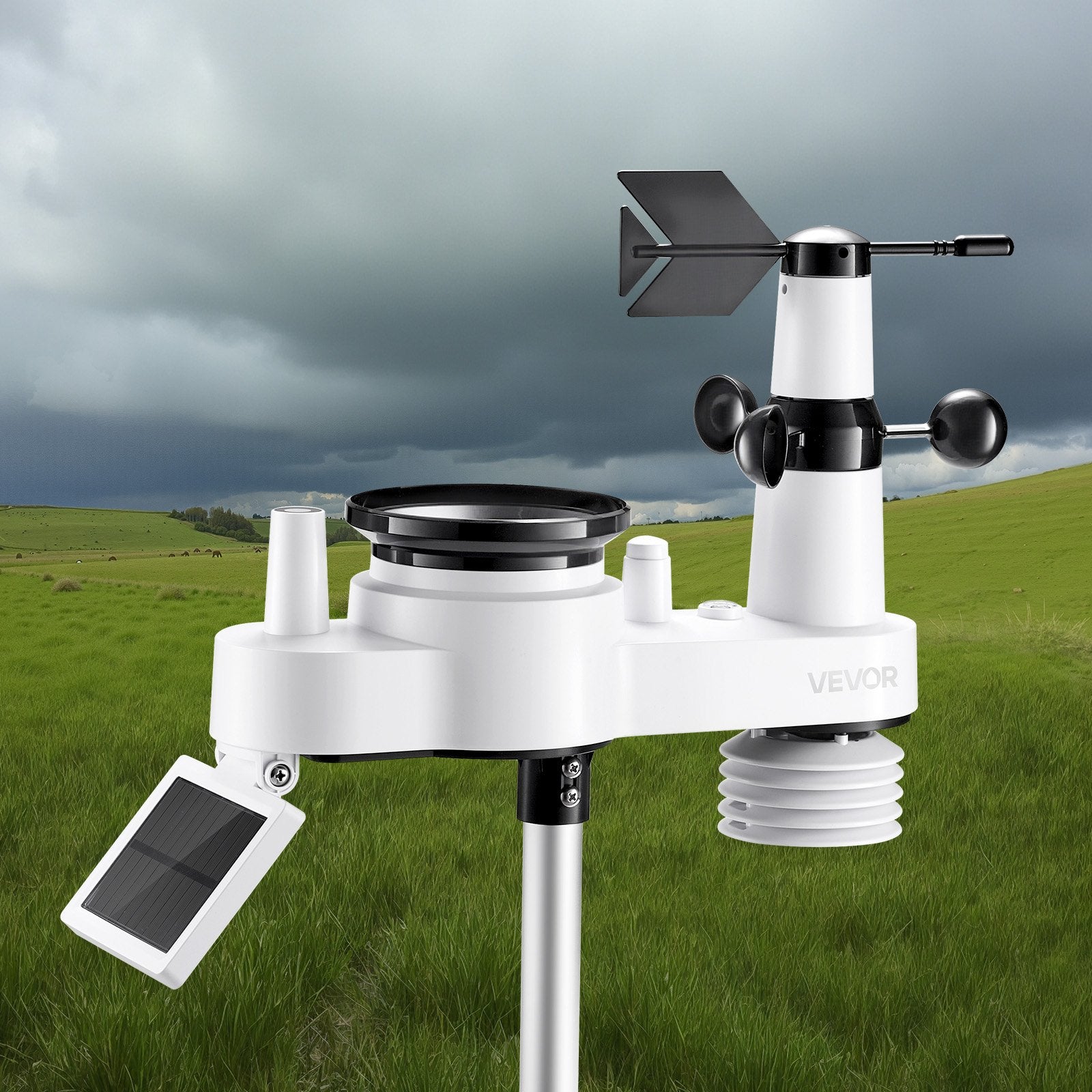 VEVOR 7-in-1 Wi-Fi Weather Station with APP, 190.5 mm VA Display, Wireless Solar Powered Outdoor Sensor, Rain Gauge, Indoor Outdoor for Weather Forecast, Wind Speed, Temperature, Humidity, Rainfall