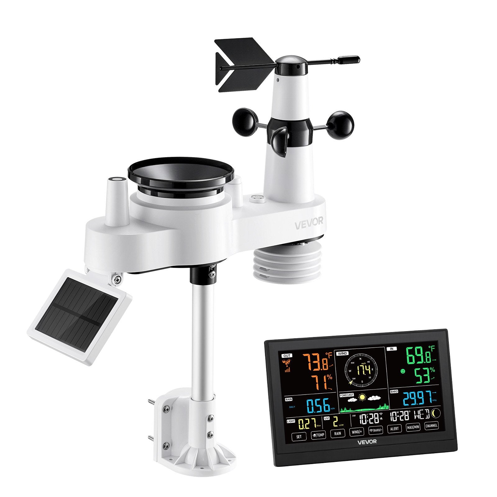 VEVOR 7-in-1 Wi-Fi Weather Station with APP, 190.5 mm VA Display, Wireless Solar Powered Outdoor Sensor, Rain Gauge, Indoor Outdoor for Weather Forecast, Wind Speed, Temperature, Humidity, Rainfall