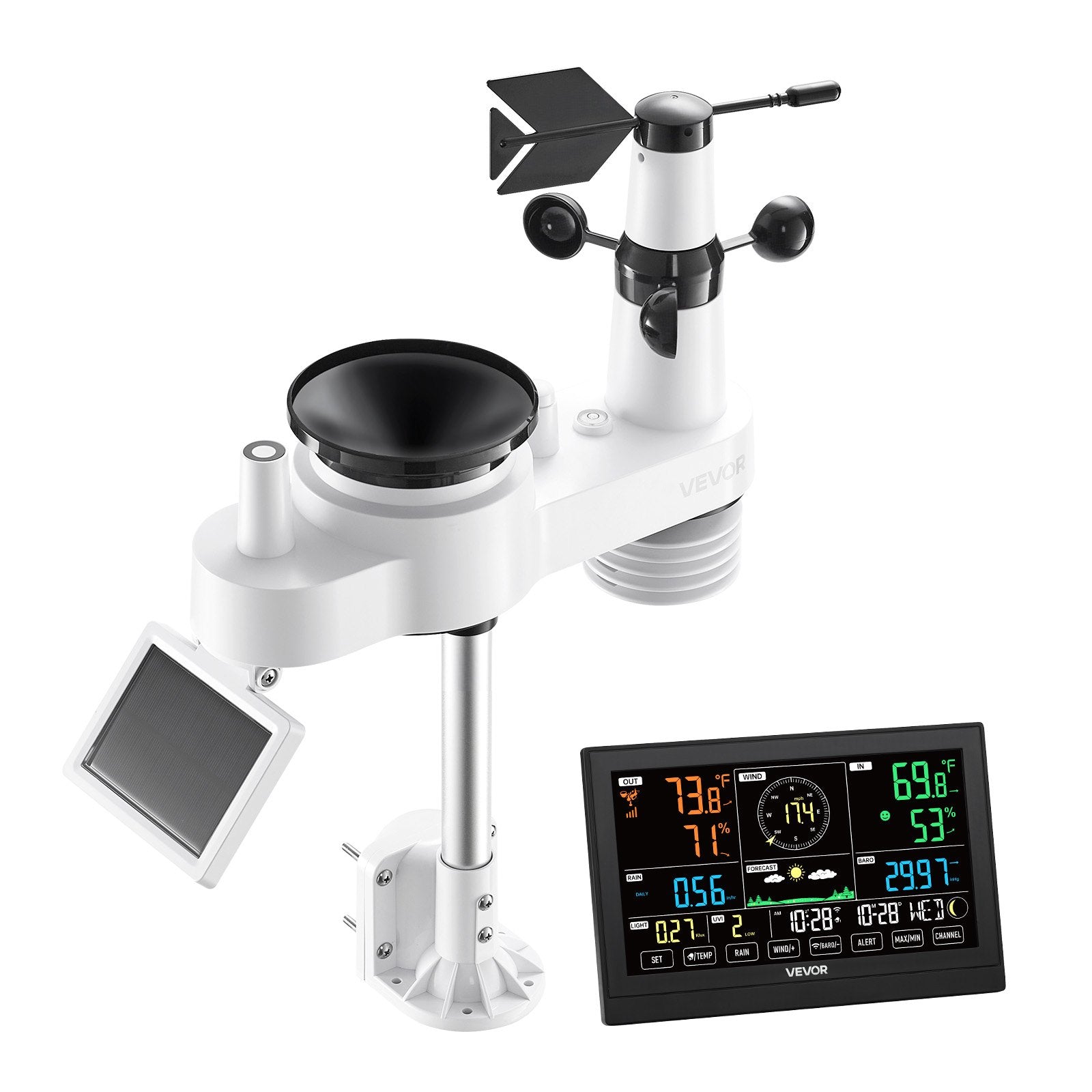VEVOR 7-in-1 Wi-Fi Weather Station with APP, 190.5 mm VA Display, Wireless Solar Powered Outdoor Sensor, Rain Gauge, Indoor Outdoor for Weather Forecast, Wind Speed, Temperature, Humidity, Rainfall