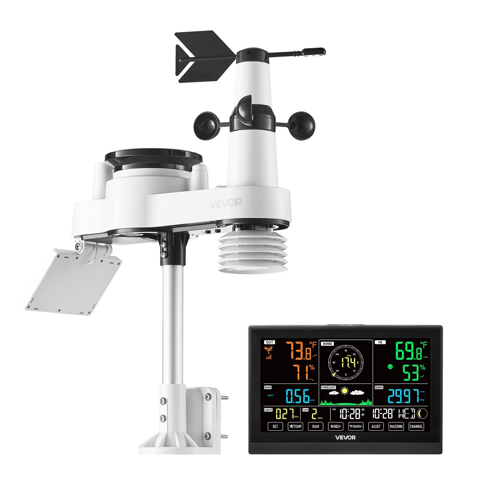 VEVOR 7-in-1 Wi-Fi Weather Station with APP, 190.5 mm VA Display, Wireless Solar Powered Outdoor Sensor, Rain Gauge, Indoor Outdoor for Weather Forecast, Wind Speed, Temperature, Humidity, Rainfall