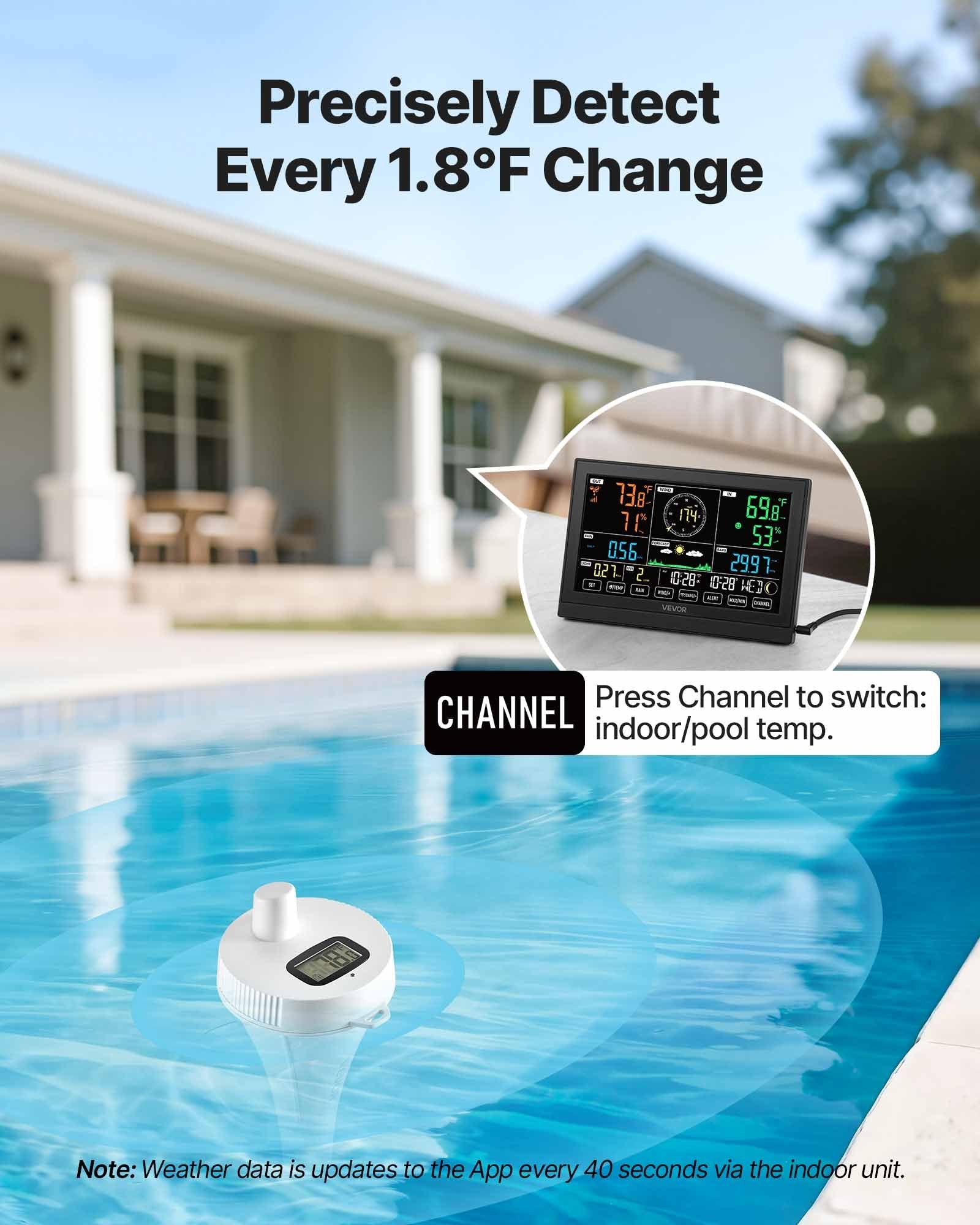 VEVOR 7-in-1 Wi-Fi Weather Station with APP, 190.5 mm Display, Wireless Solar Powered Outdoor Sensor, with Pool Thermometer, Rain Gauge, Indoor Outdoor for Weather Forecast Wind Speed Pool Temperature