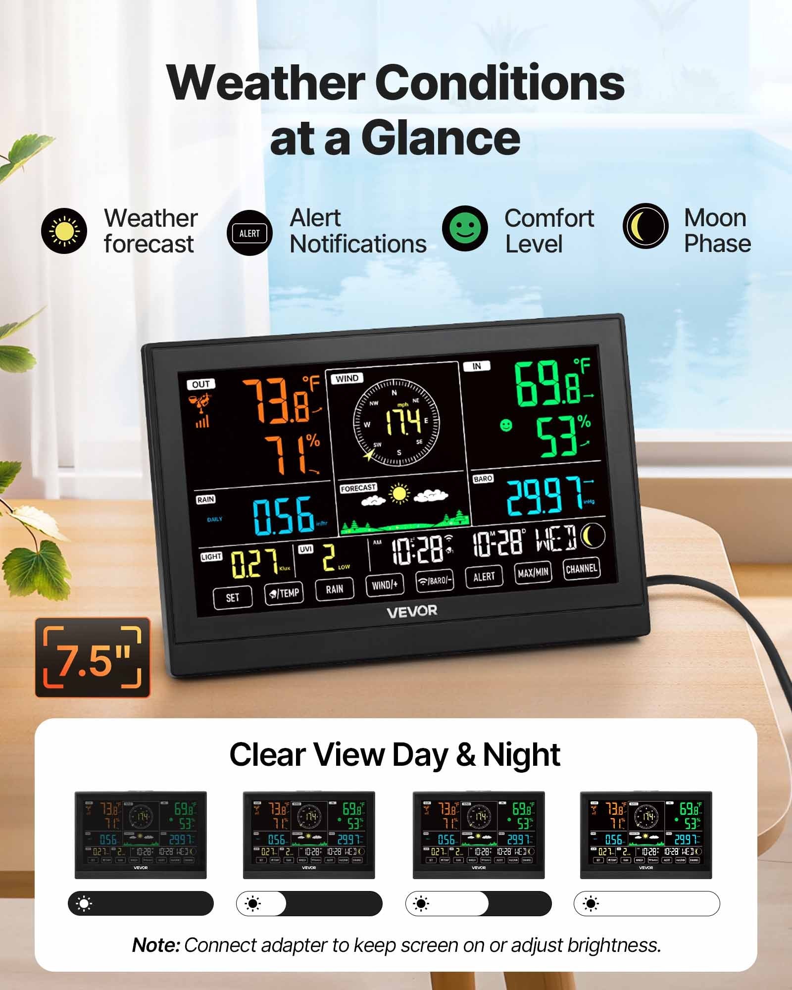 VEVOR 7-in-1 Wi-Fi Weather Station with APP, 190.5 mm Display, Wireless Solar Powered Outdoor Sensor, with Pool Thermometer, Rain Gauge, Indoor Outdoor for Weather Forecast Wind Speed Pool Temperature