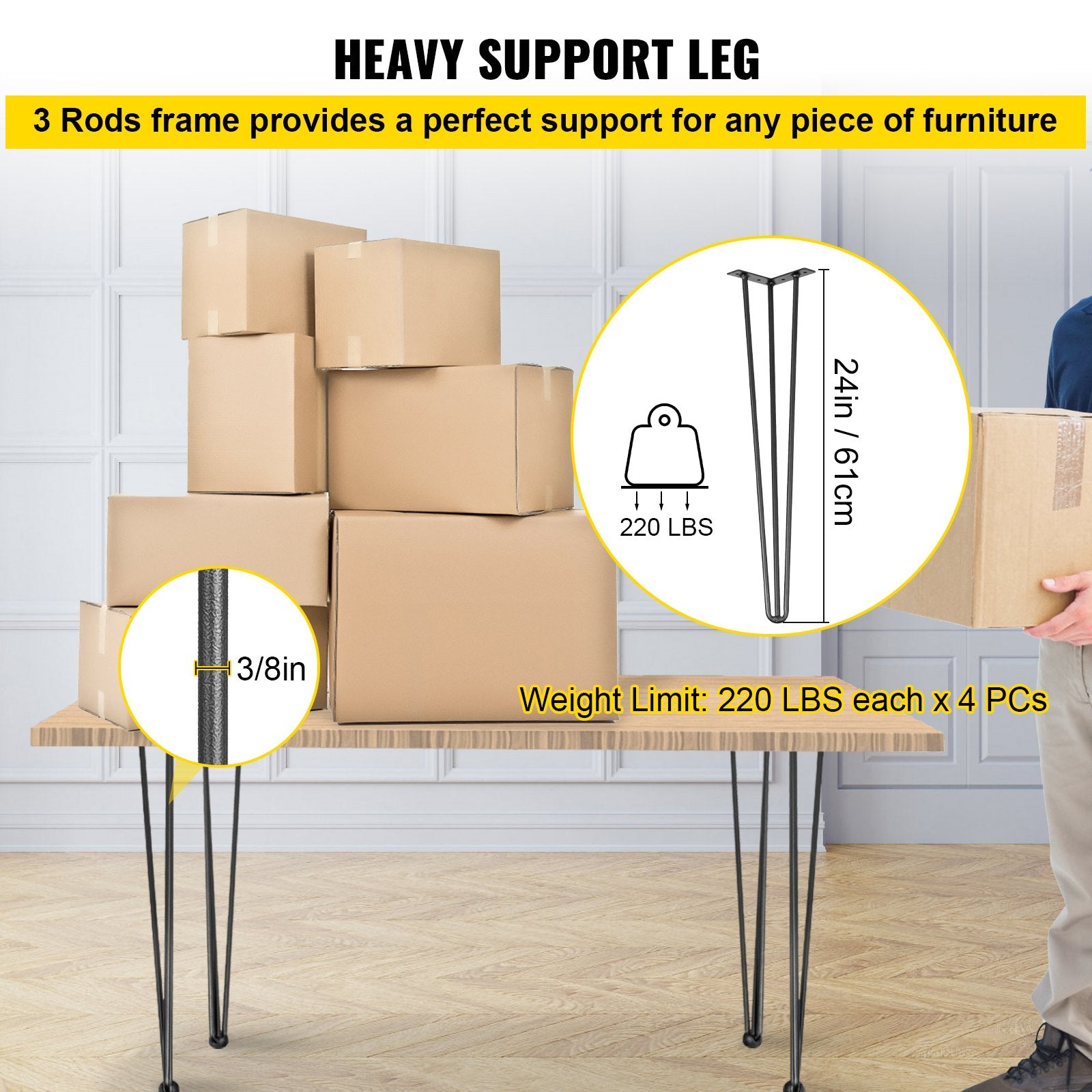 VEVOR Hairpin Table Legs 24 inch Black Set of 4 Desk Legs Each 220lbs Capacity Hairpin Desk Legs 3 Rods for Bench Desk Dining End Table Chairs Carbon Steel DIY Table Legs Heavy Duty Furniture Legs