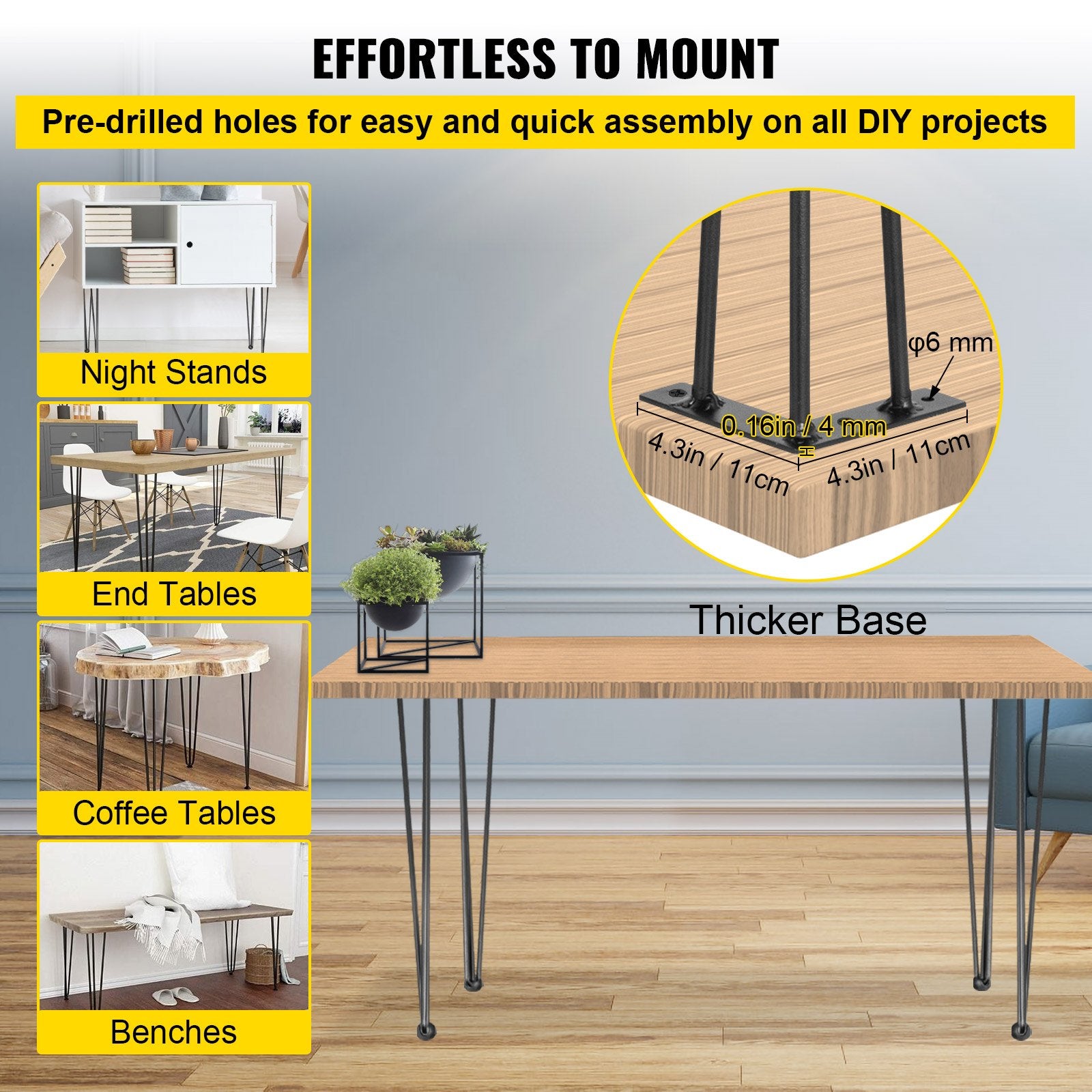 VEVOR Hairpin Table Legs 34 inch Black Set of 4 Desk Legs Each 220lbs Capacity Hairpin Desk Legs 3 Rods for Bench Desk Dining End Table Chairs Carbon Steel DIY Table Legs Heavy Duty Furniture Legs