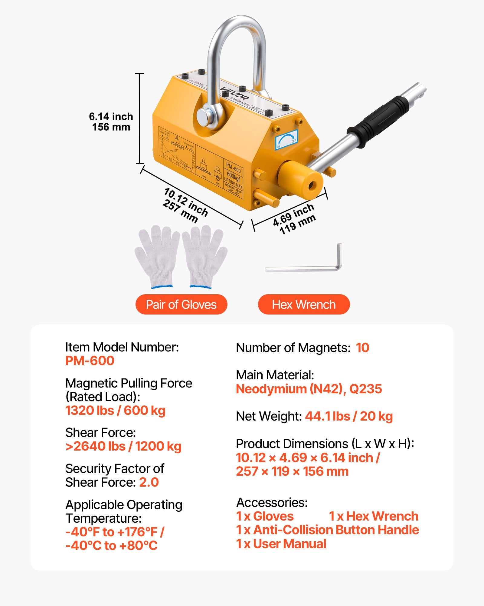 VEVOR Permanent Magnetic Lifter, 600 kg Pulling Capacity, Heavy Duty N42 Neodymium Lifting Magnet with Release Handle and Steel Hook, Used in Shop Crane and Hoist, for Lifting Plate Steel, Board