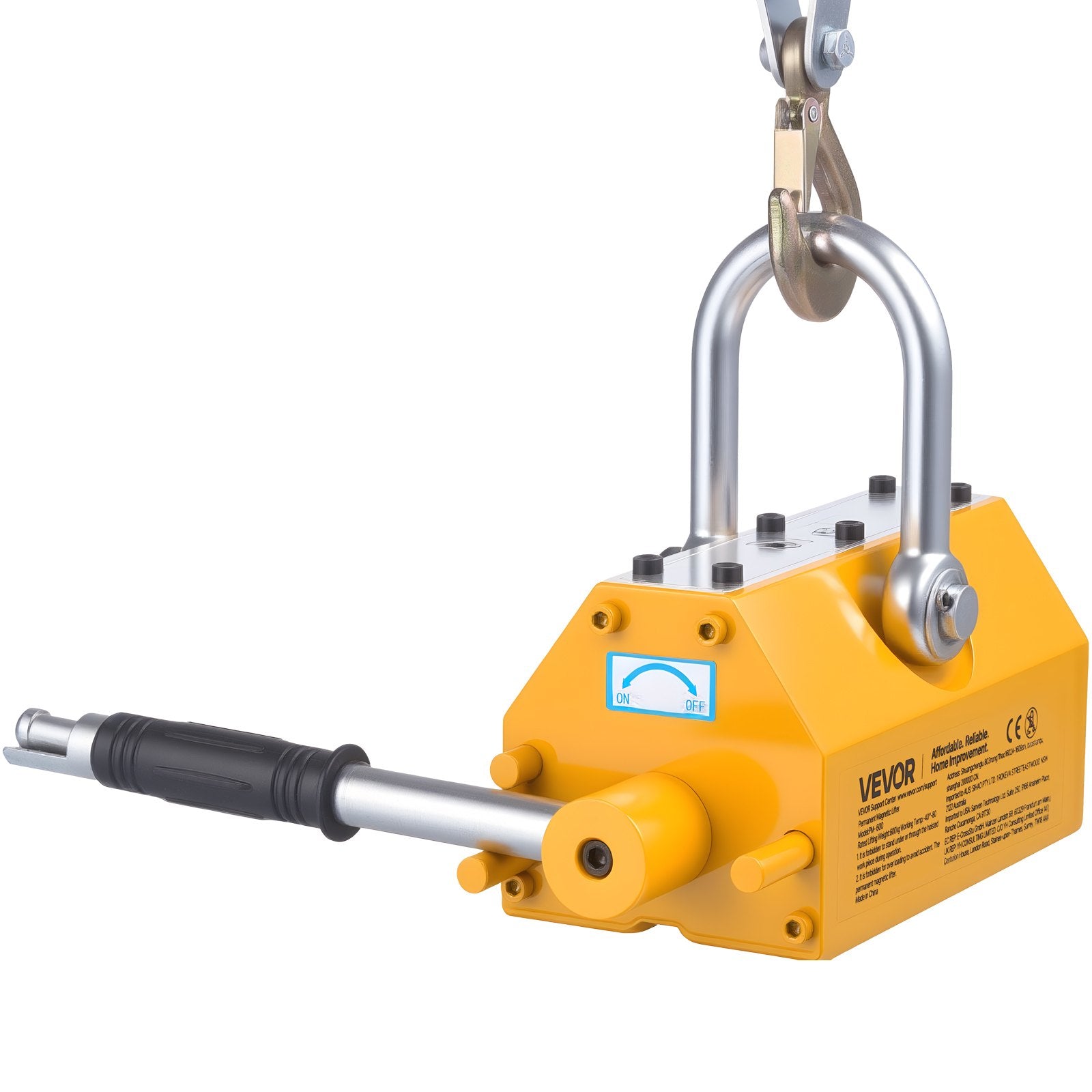 VEVOR Permanent Magnetic Lifter, 600 kg Pulling Capacity, Heavy Duty N42 Neodymium Lifting Magnet with Release Handle and Steel Hook, Used in Shop Crane and Hoist, for Lifting Plate Steel, Board