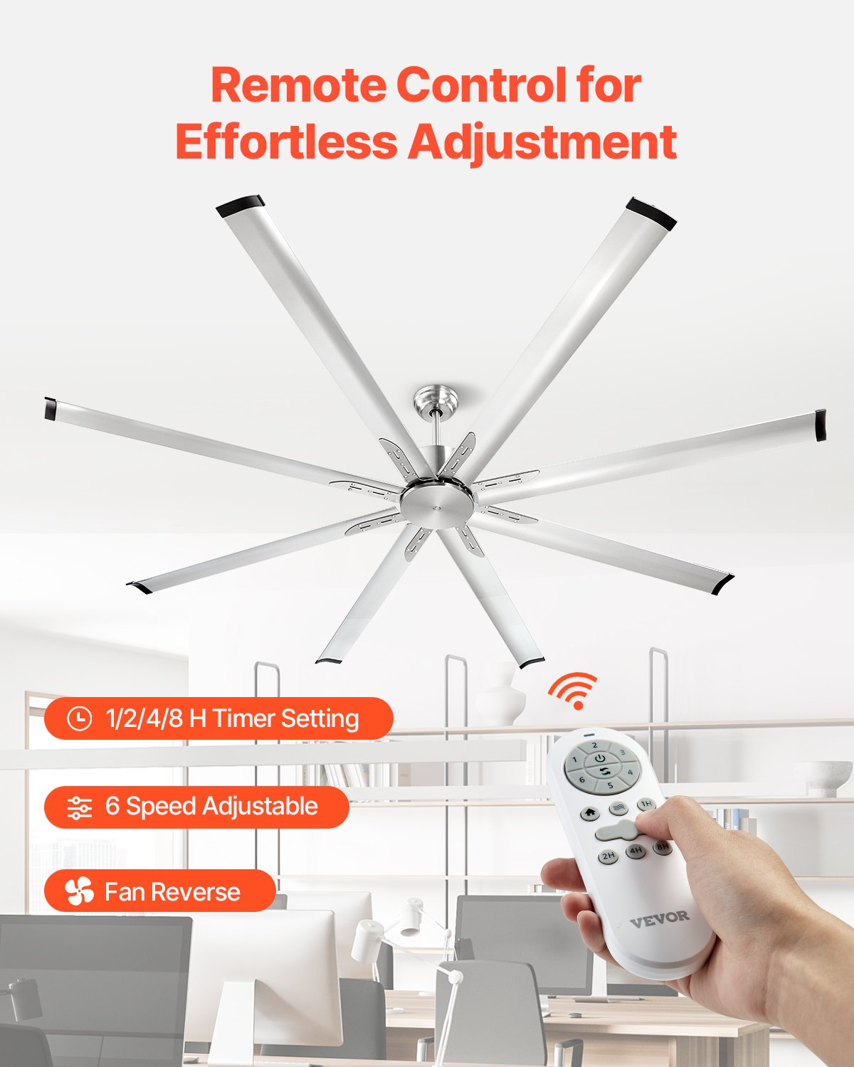 VEVOR 213 cm Ceiling Fan No Light, 6-Speed Remote Control, Aluminum 8-Blade, Reversible DC Motor, Modern Low Profile Flush Mount Fan for Bedroom, Living Room, Patio, Indoor/Outdoor, Brushed Nickel