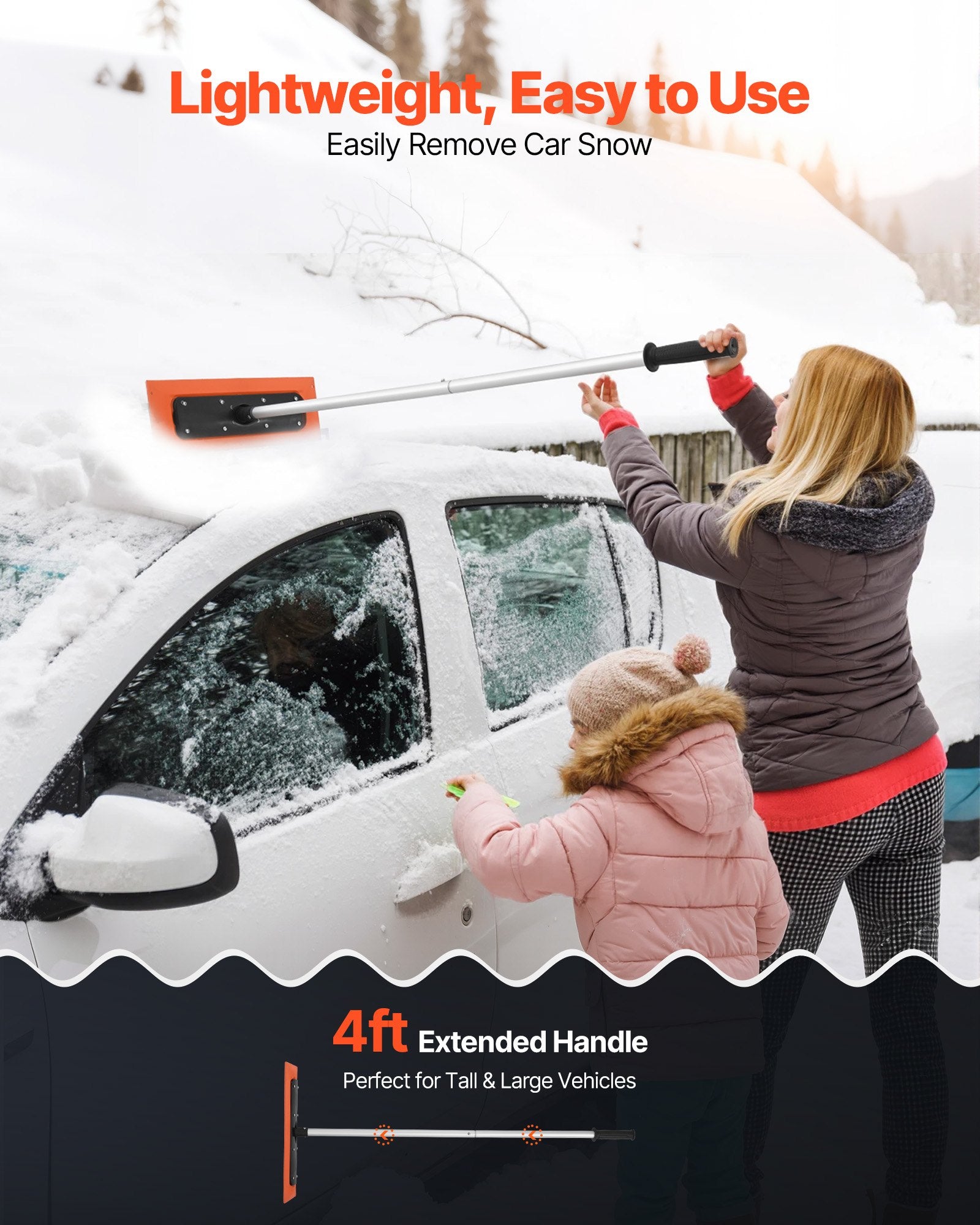 VEVOR Snow Roof Rake, 1.2m Long Reach Car Roof Snow Scraper, 45cm Foam Blade for No Scratches, Non-Slip Handle, Lightweight Snows Removal Tool for Vehicle Garage Rooftop Leaves Debris Clearing