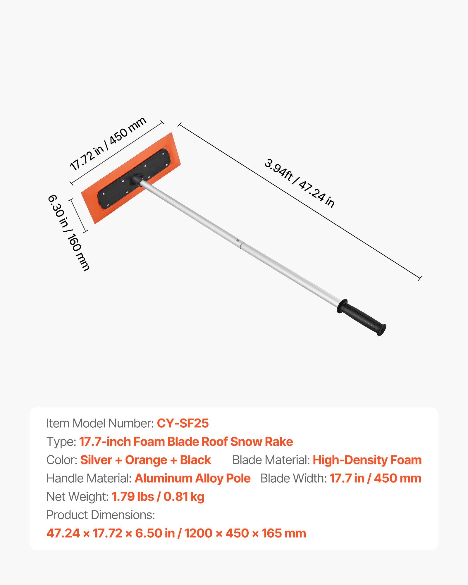 VEVOR Snow Roof Rake, 1.2m Long Reach Car Roof Snow Scraper, 45cm Foam Blade for No Scratches, Non-Slip Handle, Lightweight Snows Removal Tool for Vehicle Garage Rooftop Leaves Debris Clearing