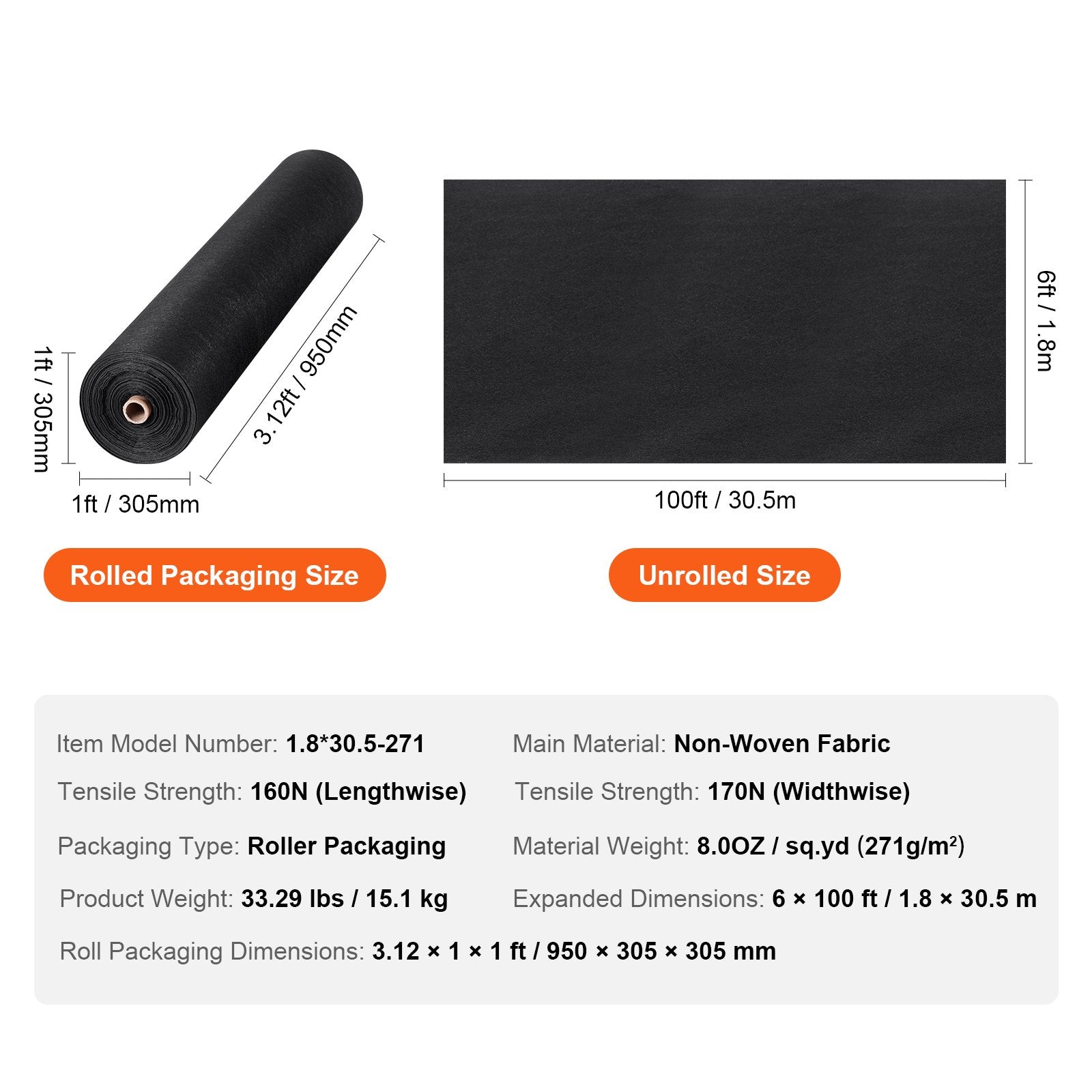 VEVOR Non Woven Geotextile Fabric Under Gravel, 6x100FT 8OZ Driveway Fabric Landscape Fabric, Heavy Duty Weed Barrier Fabric, Ground Cover Weed Control Fabric, French Drains Drainage Fabric, Black