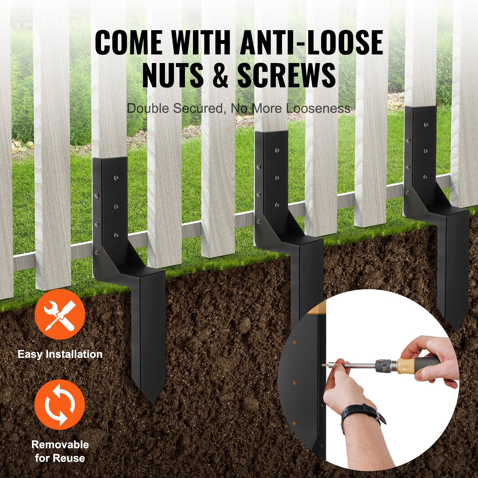 VEVOR Fence Post Anchor Repair Kit, 4 Pack Inner Diameter 8.9x8.9 cm Heavy Duty Steel Fence Post Support Stakes, Anchor Ground Spike for Repair Tilted, Broken Wood Fence Post, Enveloping