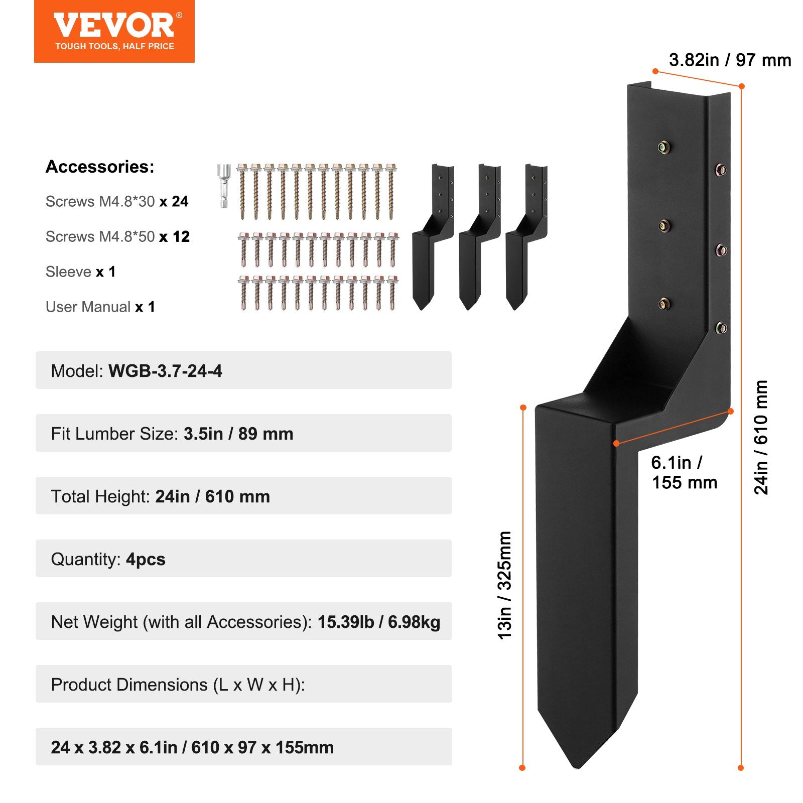 VEVOR Fence Post Anchor Repair Kit, 4 Pack Inner Diameter 8.9x8.9 cm Heavy Duty Steel Fence Post Support Stakes, Anchor Ground Spike for Repair Tilted, Broken Wood Fence Post, Enveloping