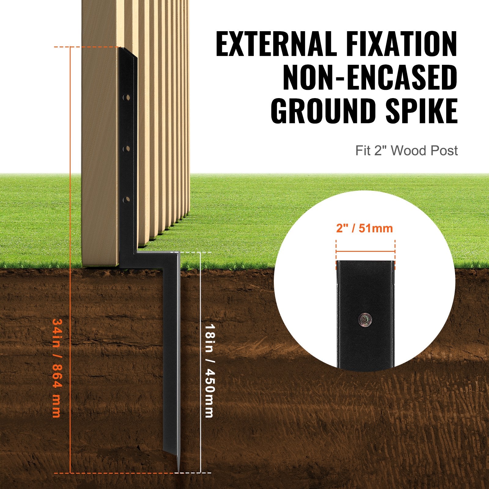 VEVOR Fence Post Anchor Repair Kit, 2 Pack Inner Diameter 5 x5 cm Heavy Duty Steel Fence Post Support Stakes, Anchor Ground Spike for Repair Tilted, Broken Wood Fence Post