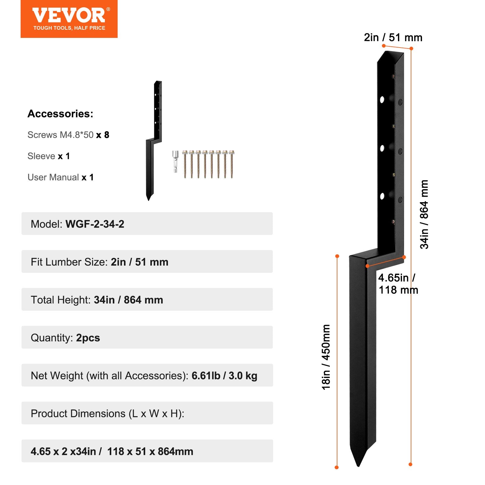 VEVOR Fence Post Anchor Repair Kit, 2 Pack Inner Diameter 5 x5 cm Heavy Duty Steel Fence Post Support Stakes, Anchor Ground Spike for Repair Tilted, Broken Wood Fence Post