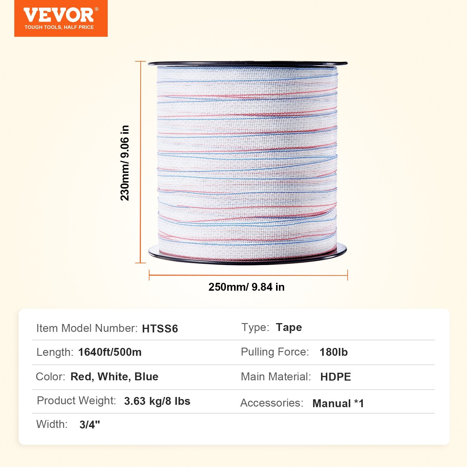 VEVOR Electric Fence Tape, 1640Ft 500M Polytape Fencing Hot Wire, 3/4" Width 6 Stainless Steel Strands for Reliable Conductivity, UV & Rust Resistance, Portable Polywire for Horse Cattle Livestock