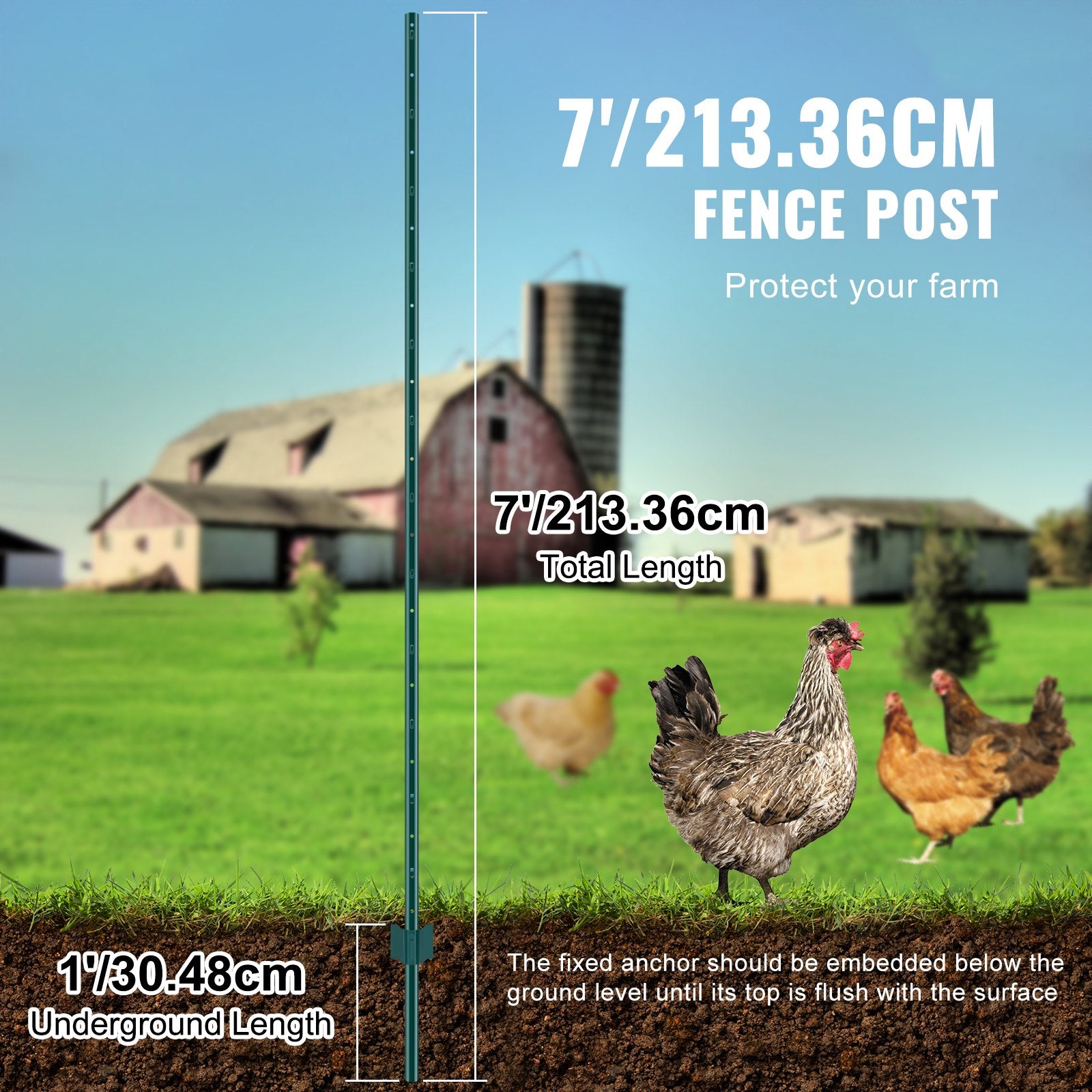 VEVOR 7 Feet Fence Post, 10 Pack U-Channel Heavy Duty Metal Fence Posts, Sturdy Steel Fence Stakes for Garden Yard, Lawn, Farms and Outdoor Wire Fencing, Green