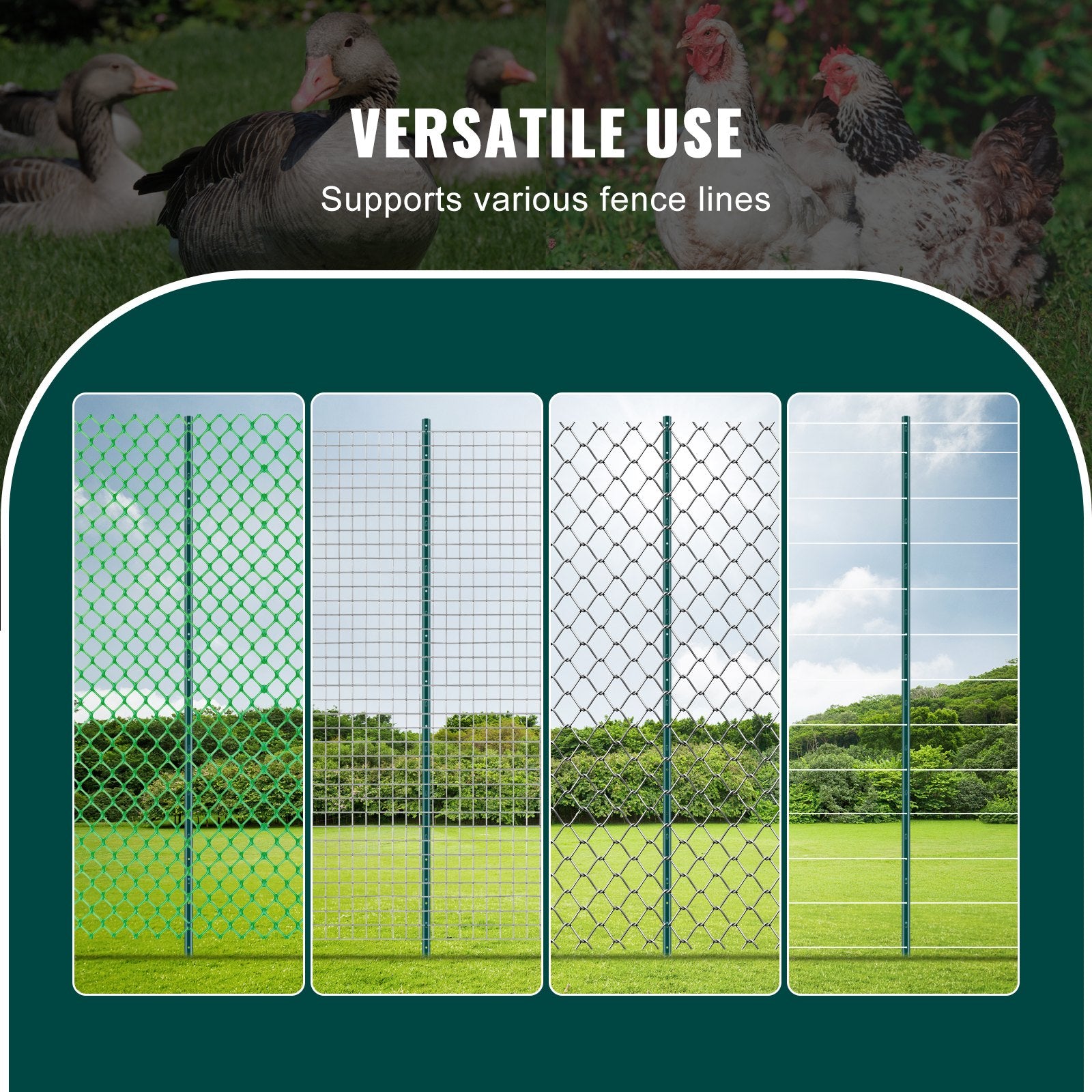 VEVOR 7 Feet Fence Post, 10 Pack U-Channel Heavy Duty Metal Fence Posts, Sturdy Steel Fence Stakes for Garden Yard, Lawn, Farms and Outdoor Wire Fencing, Green