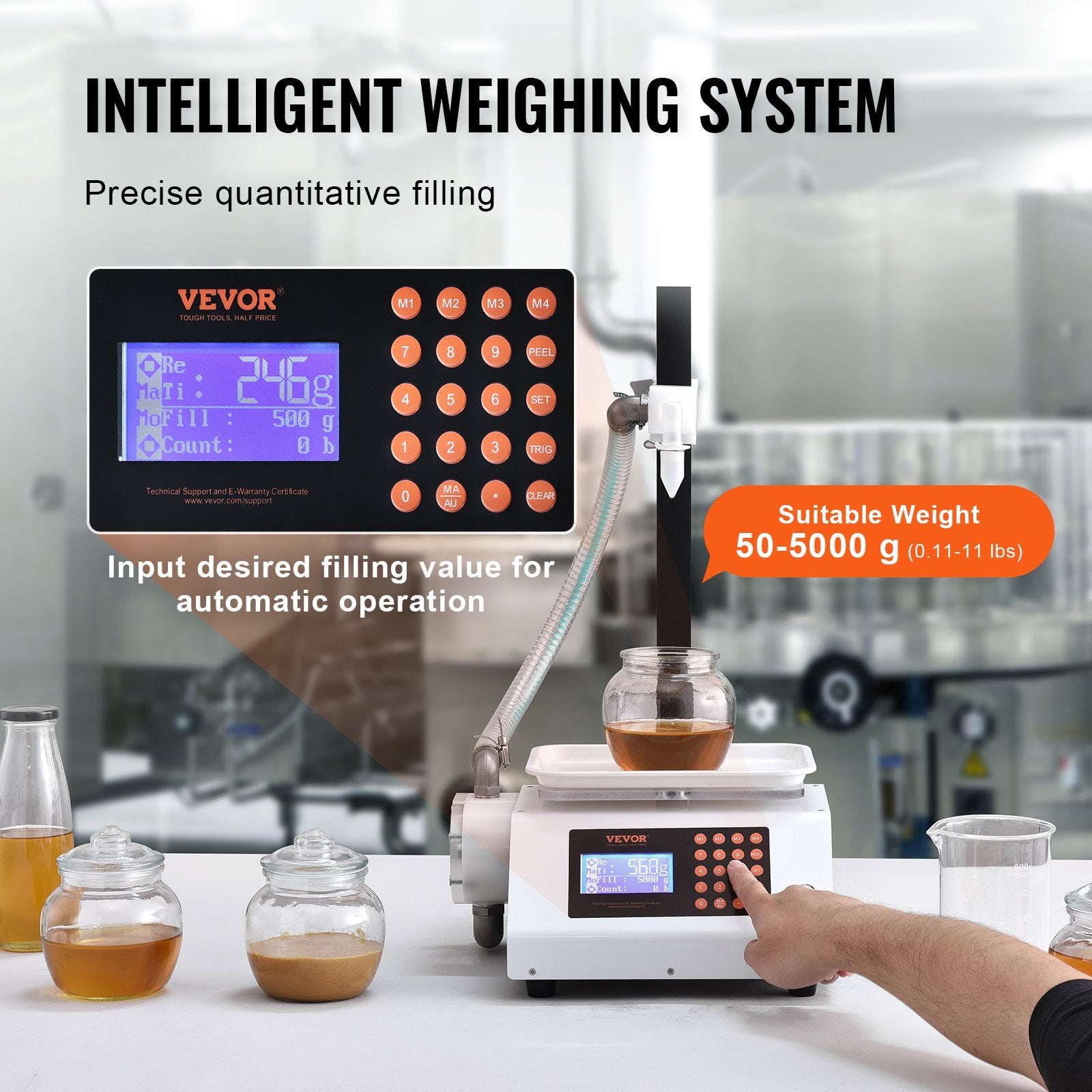 VEVOR Liquid Filling Machine, 50-5000 g Weighing Capacity, Automatic Bottle Filler Machine Bottling Machine Gear Pump Digital Control for Honey, Oil, Wine, Detergent, Viscous Liquids Single Nozzle