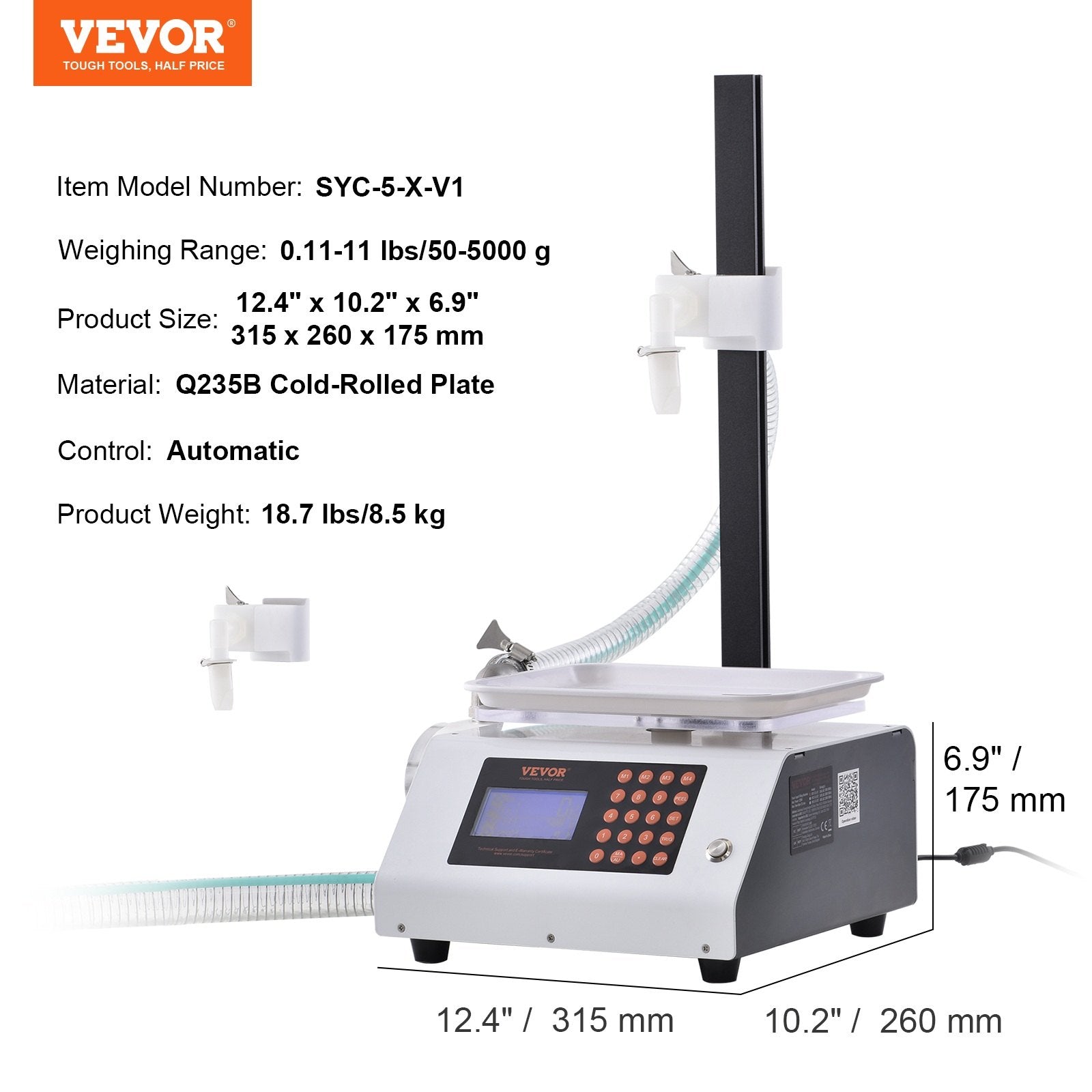 VEVOR Liquid Filling Machine, 50-5000 g Weighing Capacity, Automatic Bottle Filler Machine Bottling Machine Gear Pump Digital Control for Honey, Oil, Wine, Detergent, Viscous Liquids Single Nozzle
