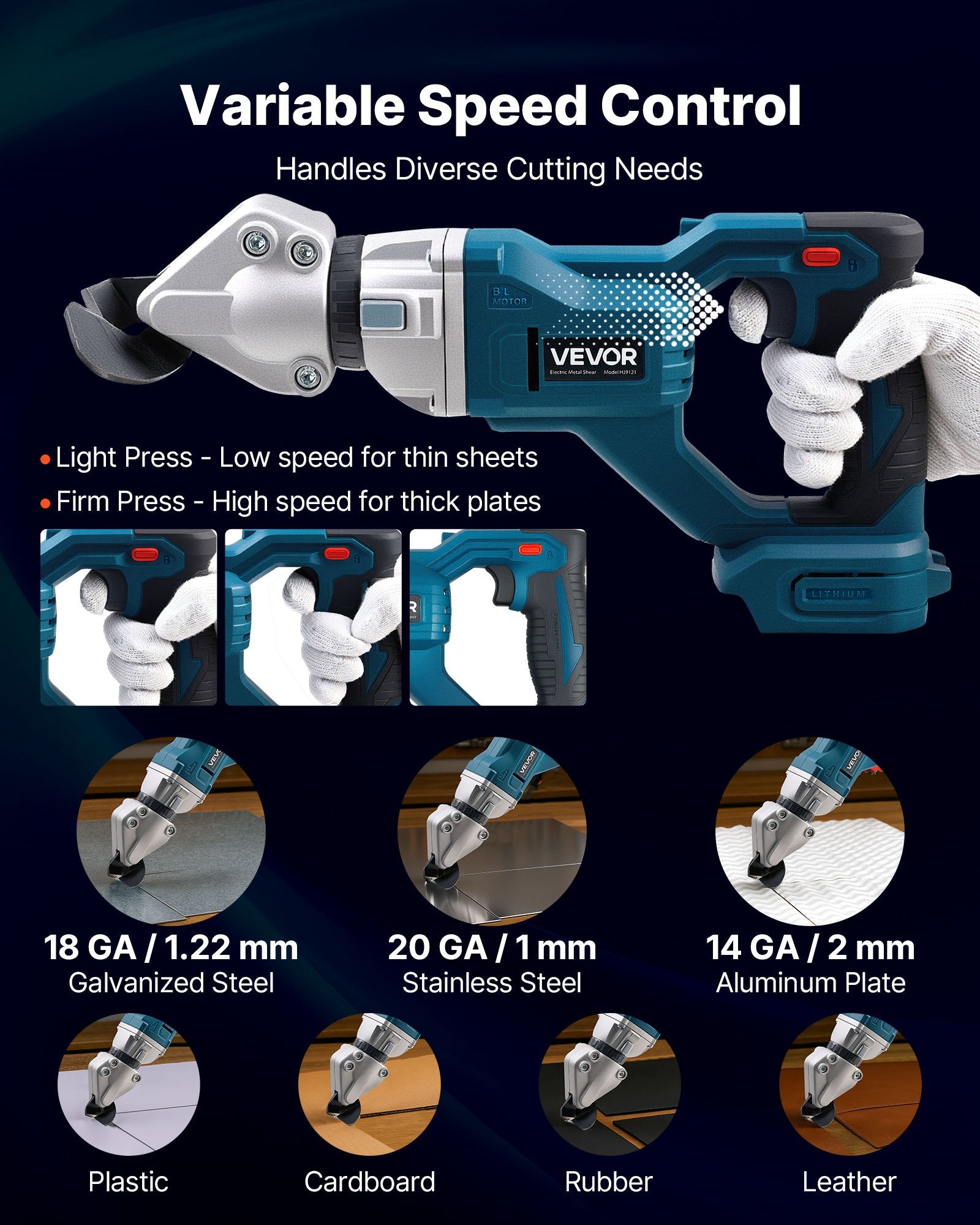 VEVOR Metal Shear, Sheet Metal Cutter Cordless with 360-Degree Pivoting Head, Double Blades, 25000 RPM Speed, Cuts 18 GA Galvanized Steel, 20 GA Stainless Steel, Aluminum Plate, Plastic, Cardboard
