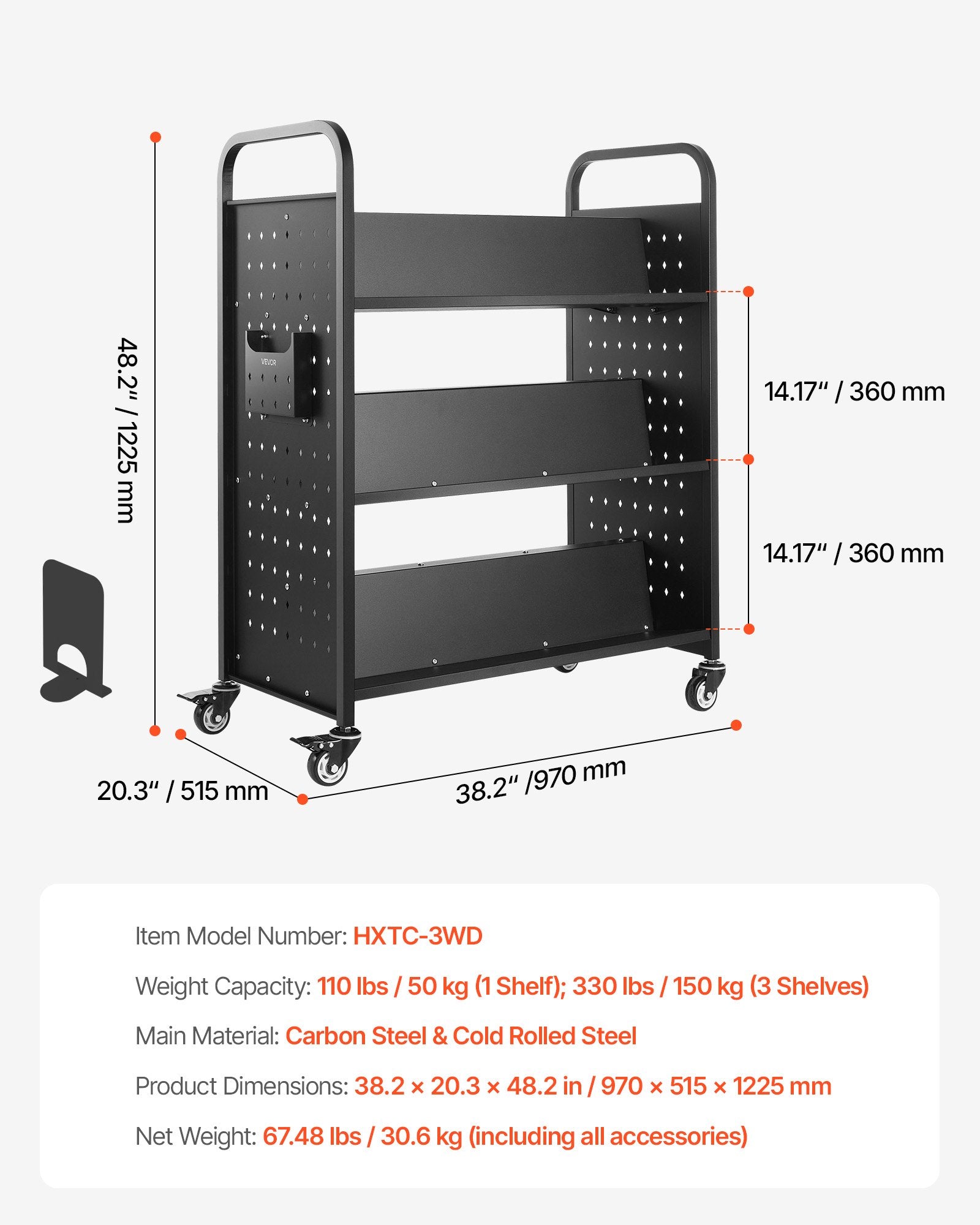 VEVOR Rolling Library Book Cart, 150 kg Capacity, 97 x 51.5 x 122.5 cm Library Cart, Double Sided W-Shaped Shelves with 76.2 mm Lockable Wheels, Book Truck for Home Shelves Office and School, Black