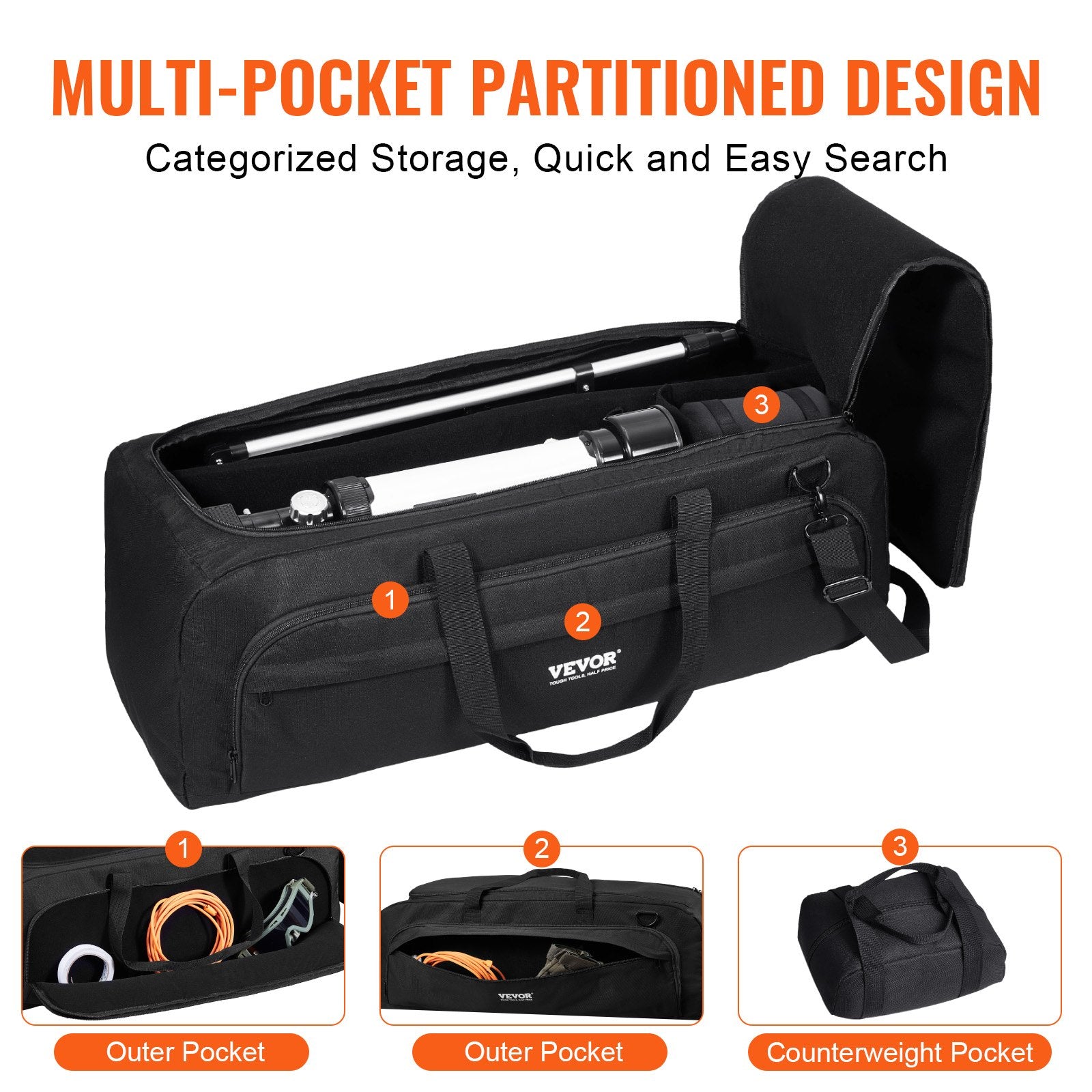 VEVOR Telescope Case, 770 mm, Telescope Storage Bag with Fixed Buckles, Multi-Pocket and Detachable Divider, Shock-Absorbent Telescope Carrying Case for Optical Tube & Tripod, Counterweight Pocket