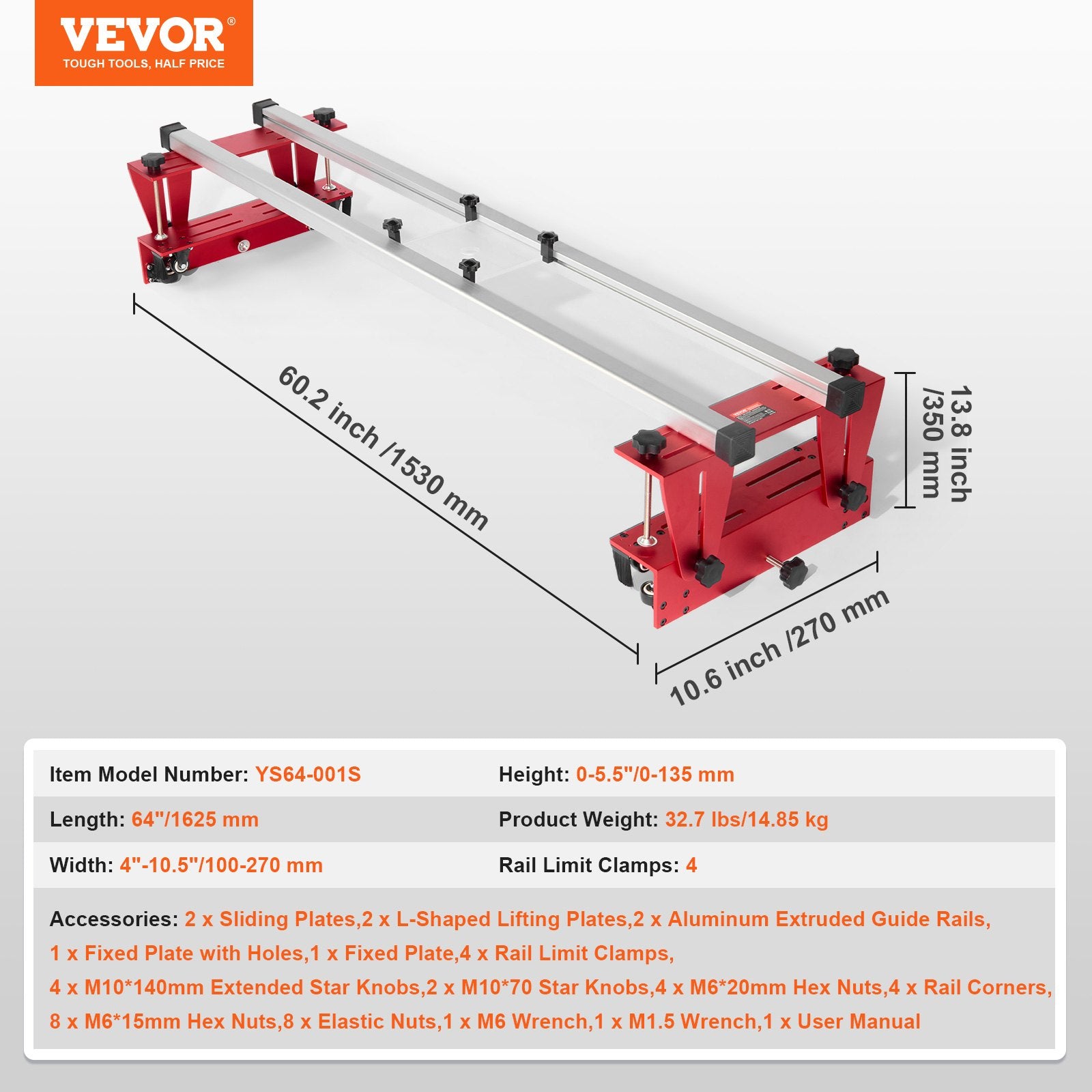 VEVOR Router Sled, 1625 mm, Portable and Easy to Adjust Slab Flattening Jig, DIY Woodworking Router Sled for Flattening Slabs, Slab Guide Jig Trimming Planing Machine for Wood Flattening, Home DIY