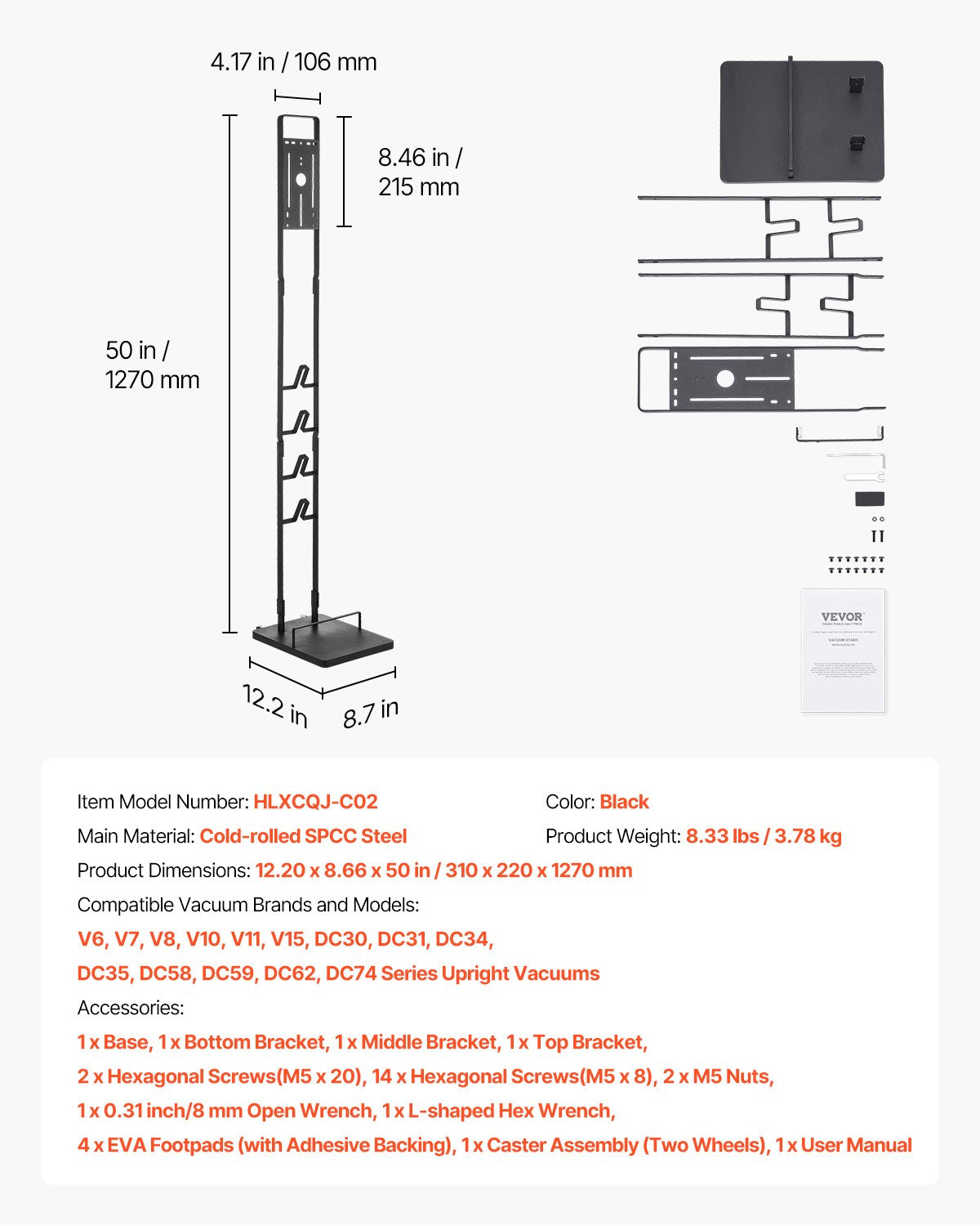 VEVOR Vacuum Stand, Compatible With Dyson V6 V7 V8 V10 V11 V15, Stable Vacuum Stand Holder with Wheels for Dyson DC30 DC31 DC34 DC35 DC58 DC59 DC62 D74 Cordless Upright Vacuum Cleaners & Accessories