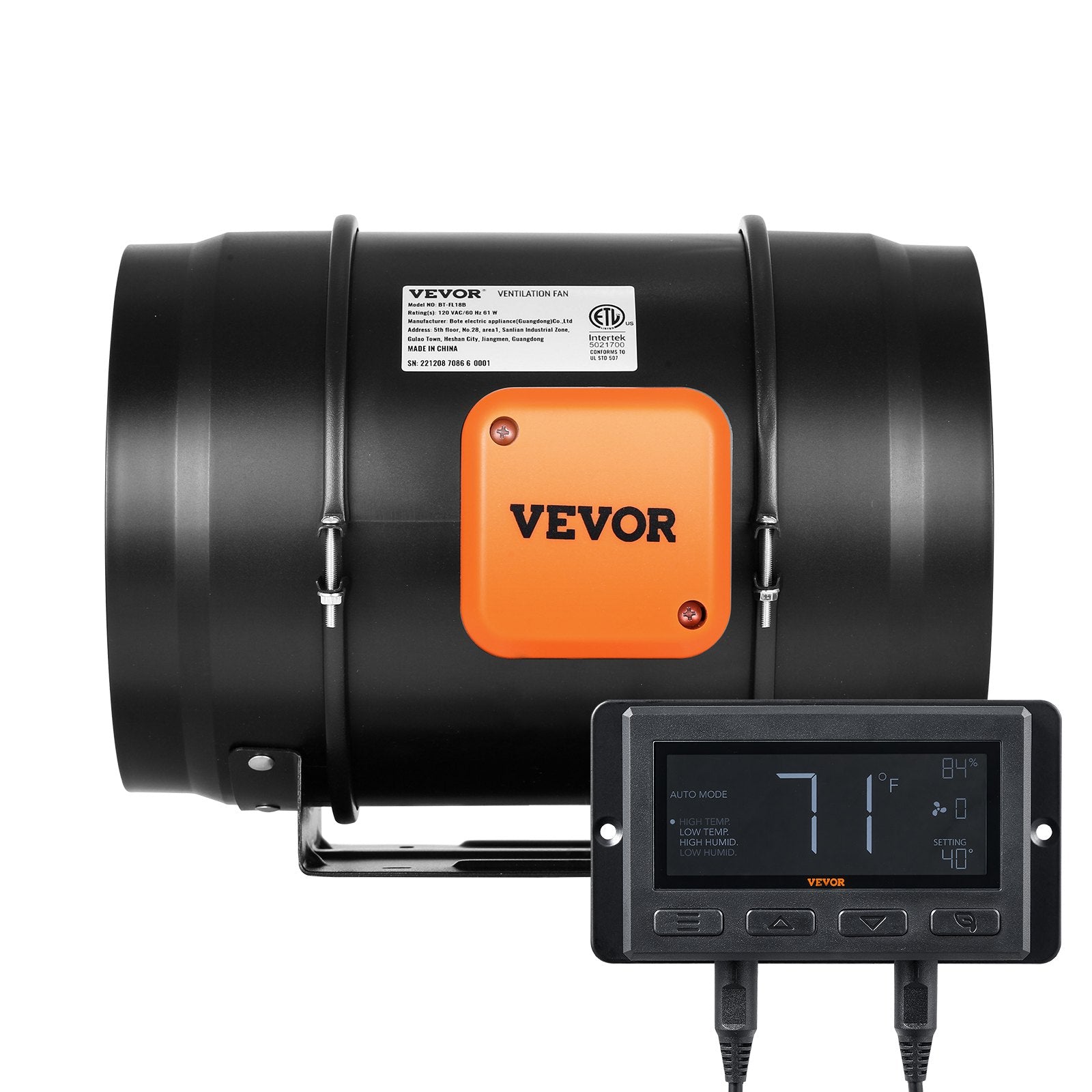 VEVOR Inline Duct Fan, 203.2mm 506.2 CFM with Temperature Humidity Controller, Quiet EC-motor Ventilation Exhaust Fan for Cooling Booster, Grow Tents, Hydroponics