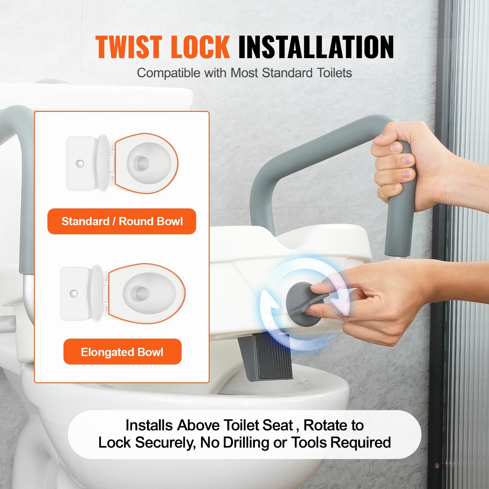 VEVOR Raised Toilet Seat, 5" Height Raised, 350 lbs Weight Capacity, for Round and Elongated Toilet, Twist Lock Installation,19.1" - 21.7" Adjustable Width, for Elderly, Handicap, Patient, Pregnant, M